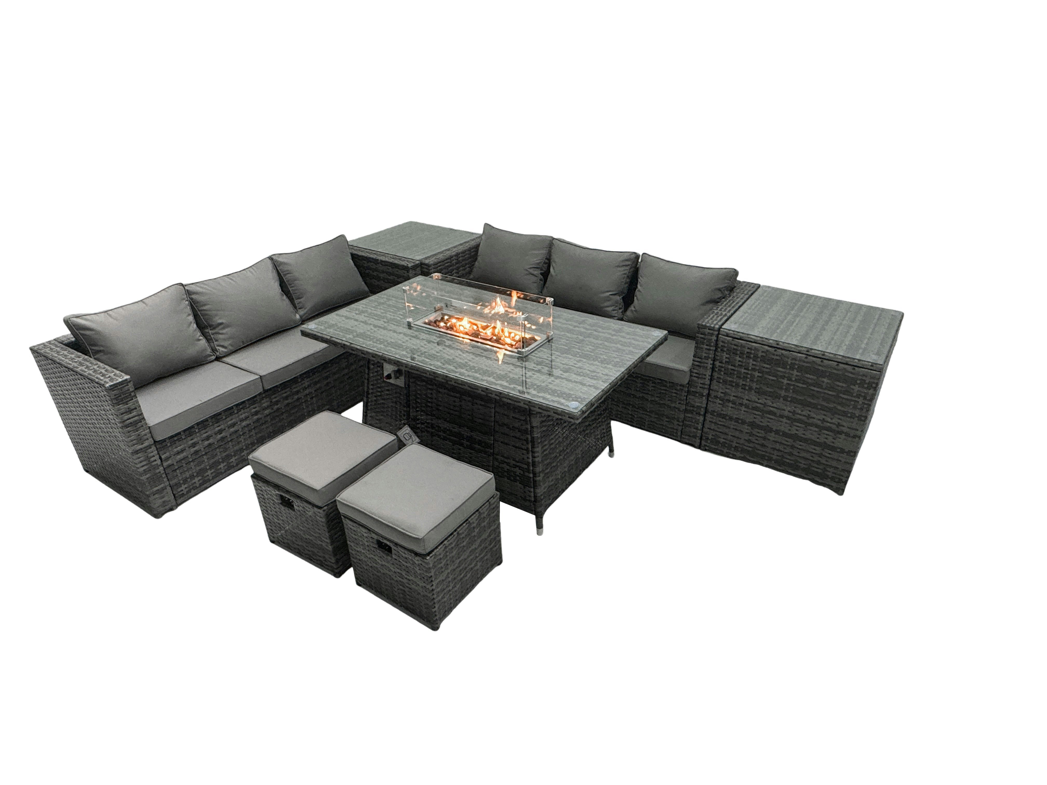 Fimous Dark/Grey Rattan Garden Furniture Firepit Dining Set 8 Seater Lounge Sofa Table Set With 2 Footstools Small