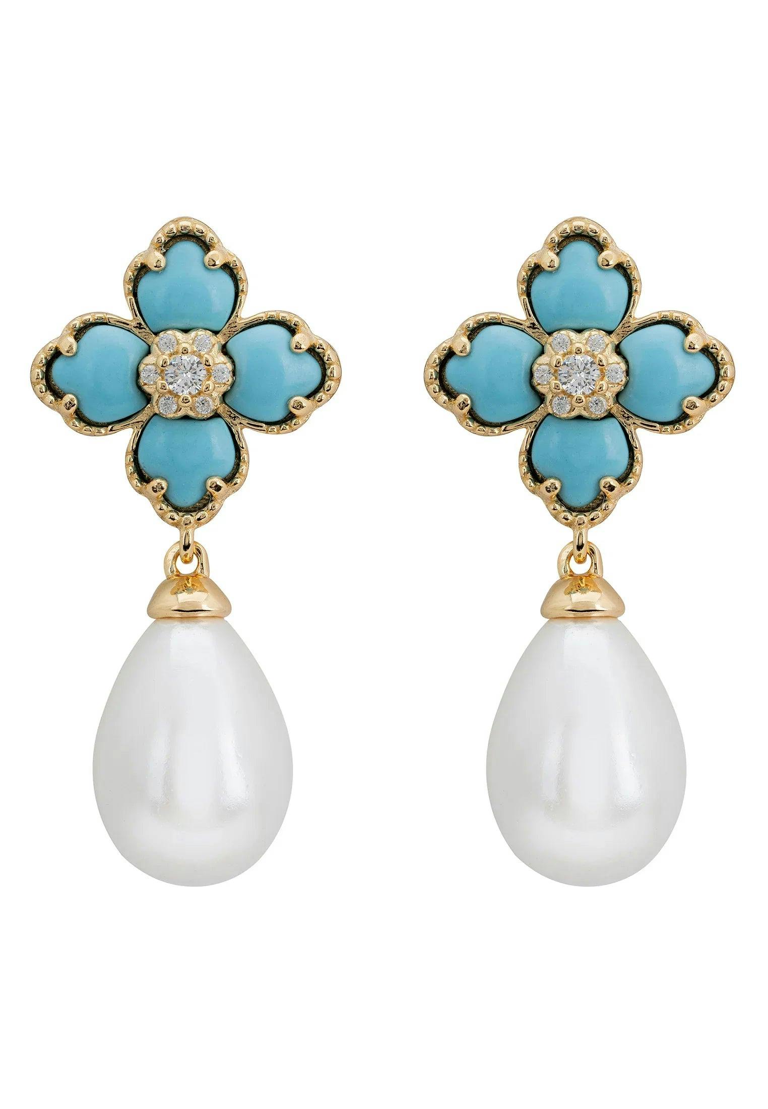 Latelita Turquoise/Gold Flower Clover Pearl Drop Earrings