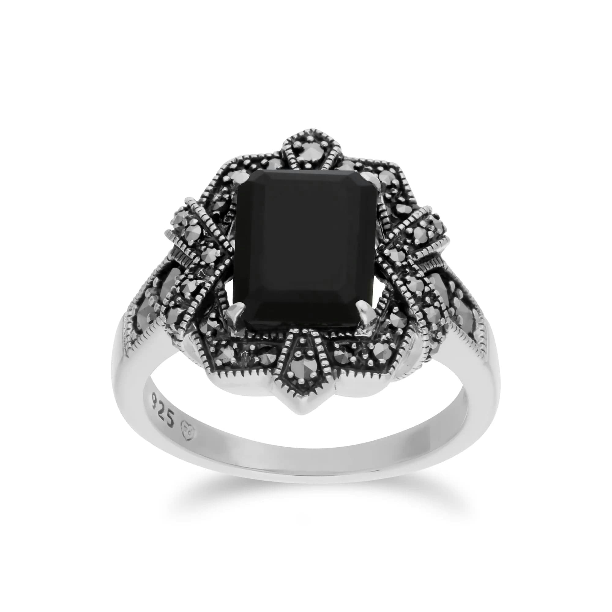 Gemondo Black/Onyx/Silver Art Deco Style Baguette & Marcasite Ring In 925 Sterling - N