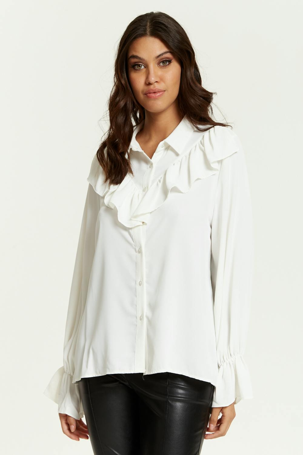 Hoxton Gal White Oversized Frilled Front Shirt With Detailed Cuffs In - 12-14