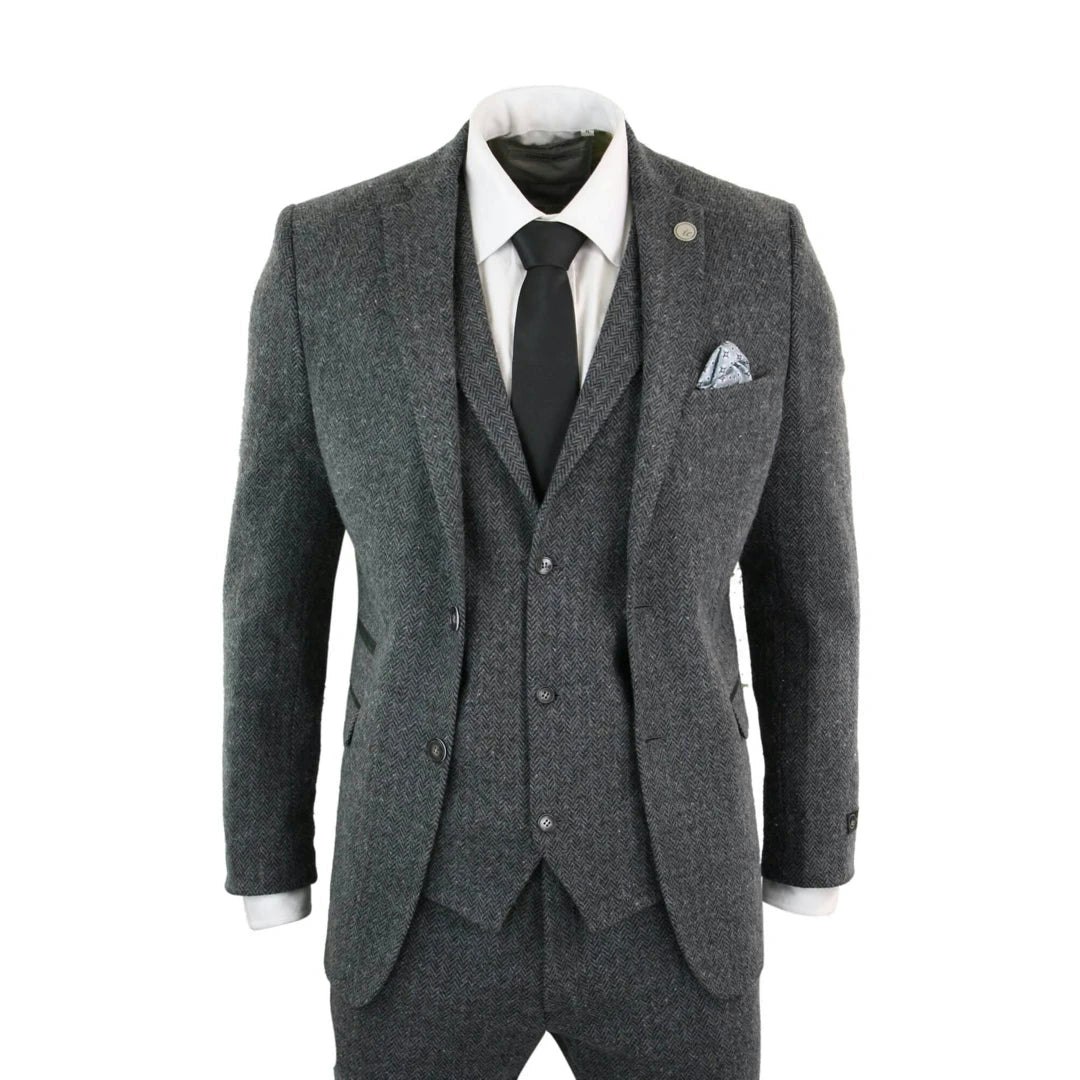 Truclothing Men's Grey/Black Stz11 - 3 Piece Tweed Suit Herringbone Wool - 44" Jacket 38" Trousers