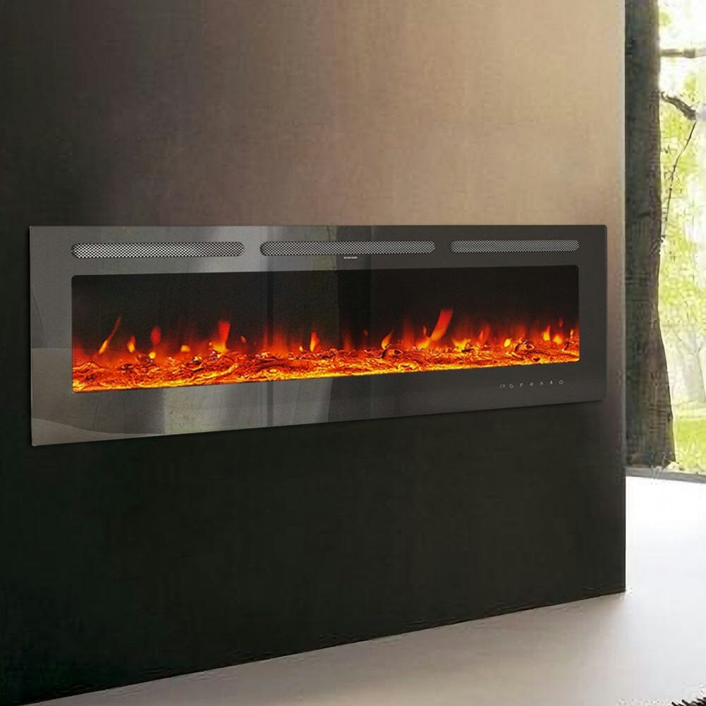 Living And Home Black 60 Inch Wall Mounted Fireplaces 1500W Insert Modern Electric Fireplace Heater