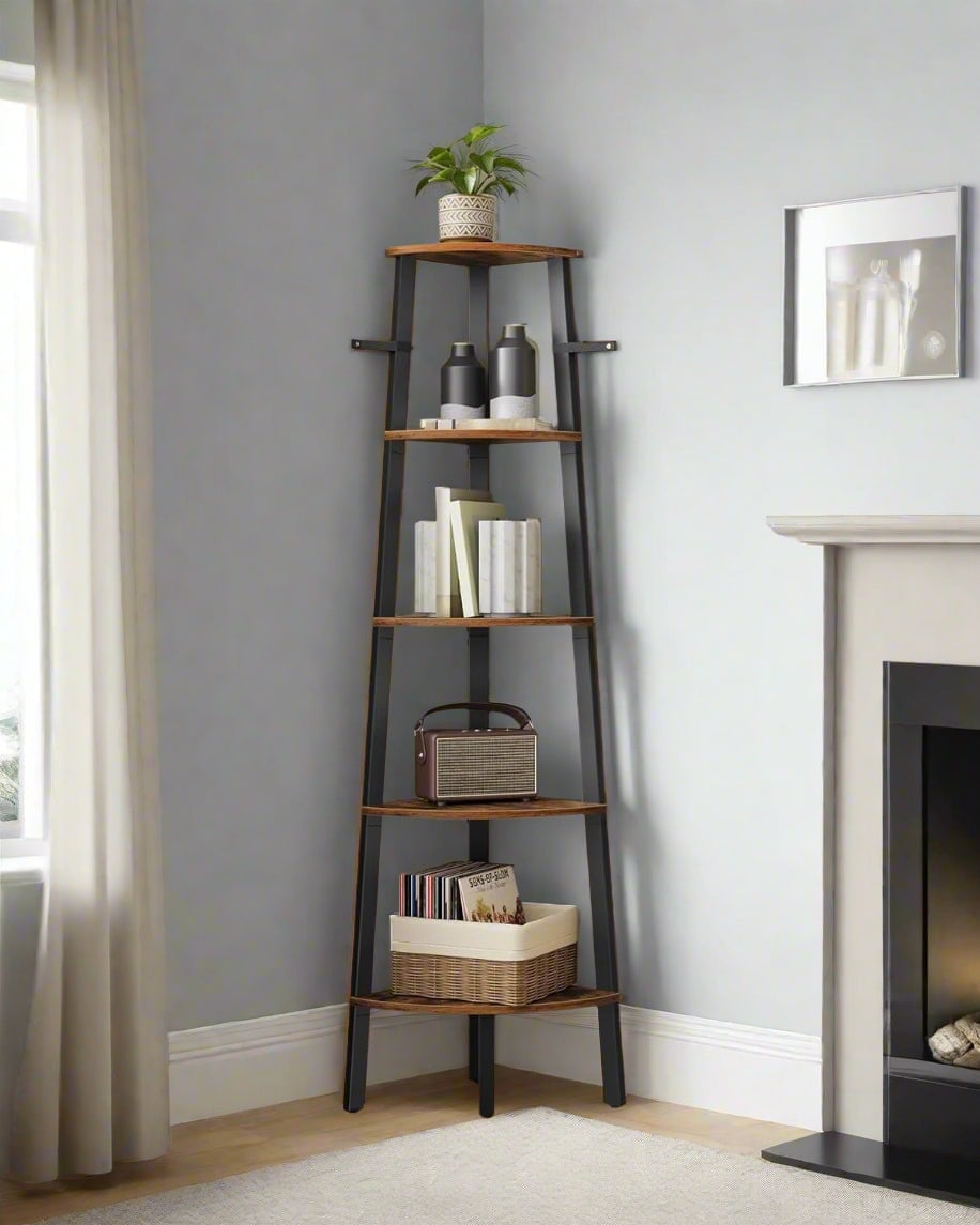 Modcraft Black/Brown Rustic 5-Tier Corner Ladder Shelf – Industrial Bookcase & Plant Stand