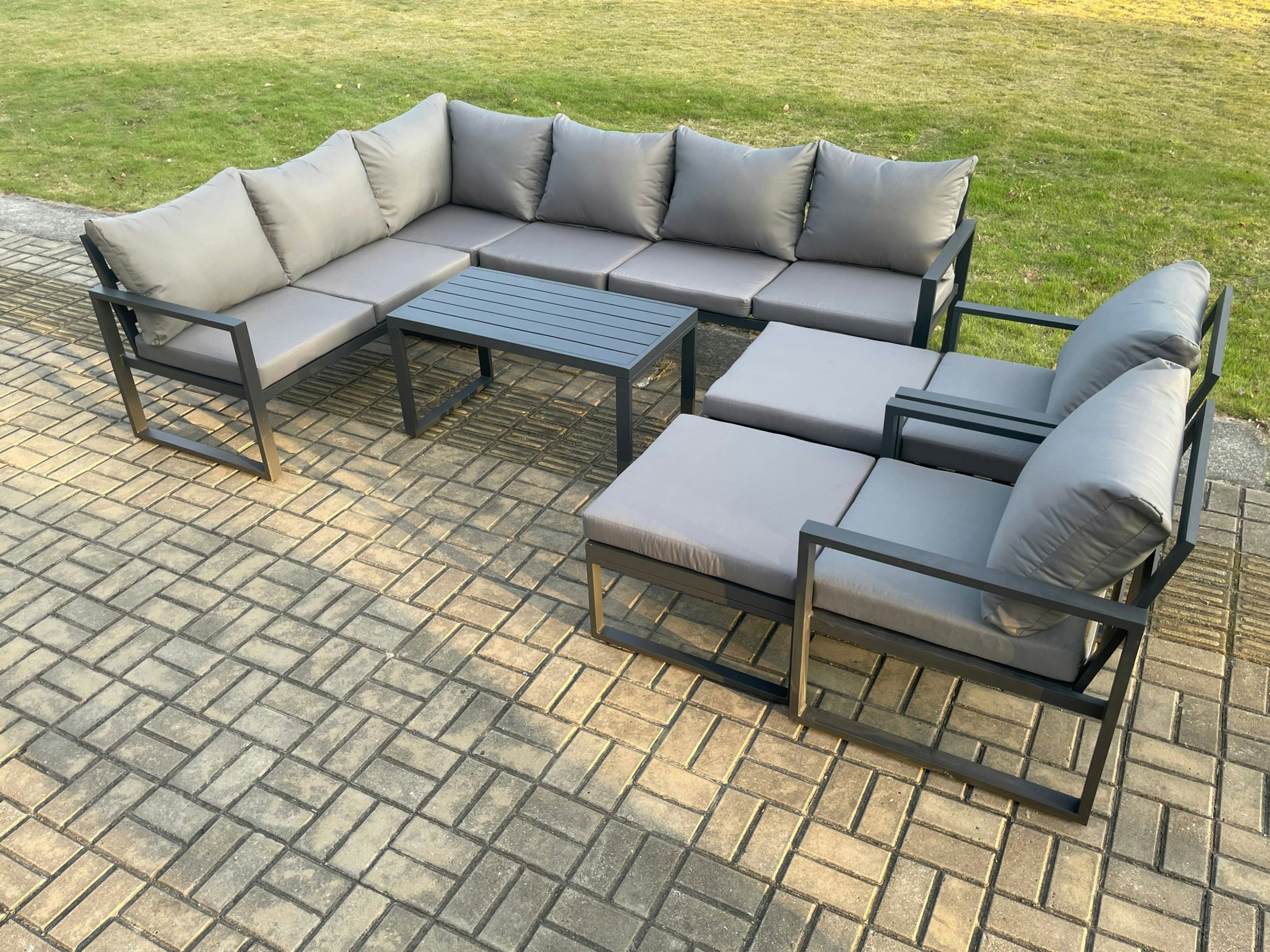 Fimous Dark/Grey Aluminum 10 Seater Outdoor Lounge Corner Sofa Set Garden Furniture Sets With Oblong Coffee Table 2 Chairs 2 Big Footstool