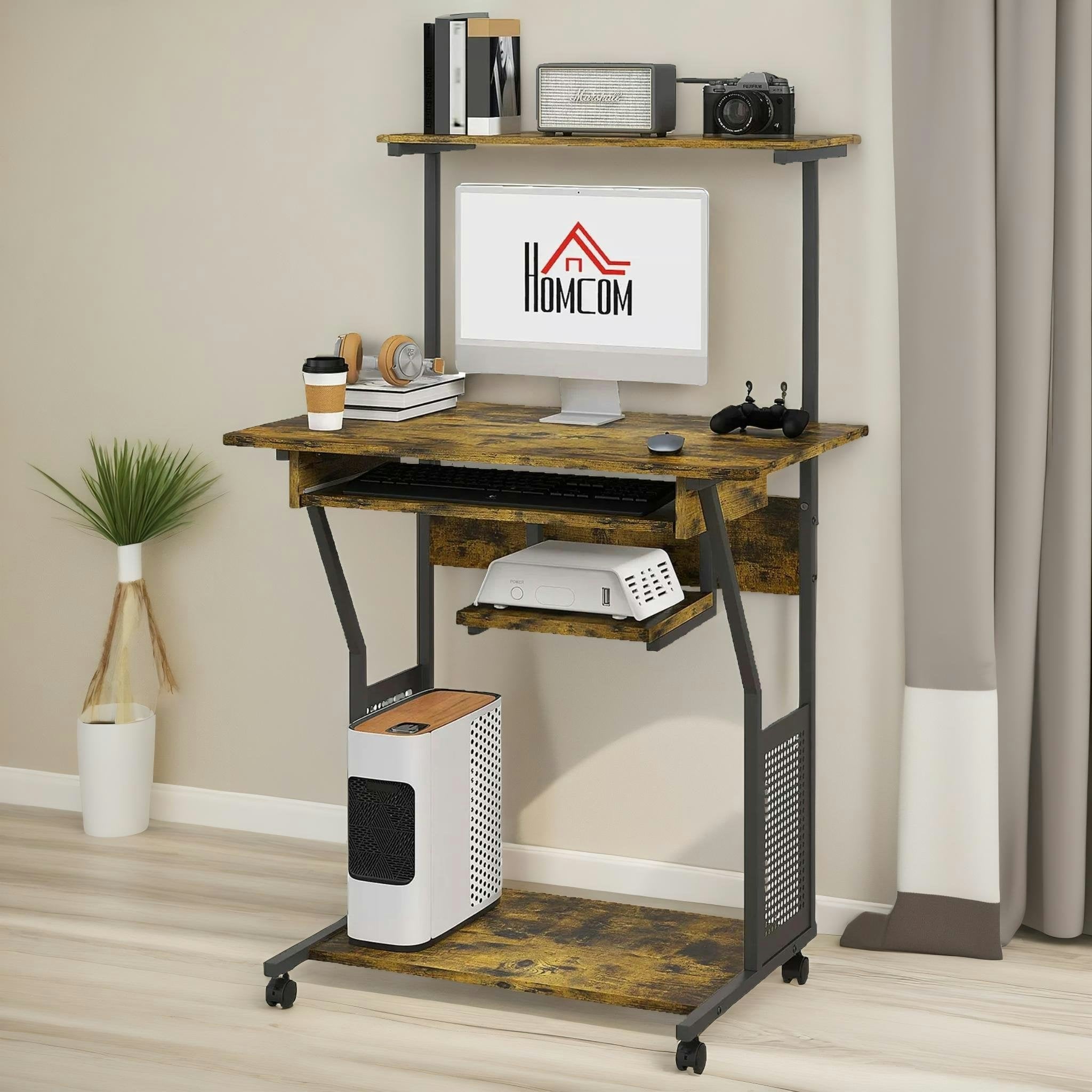 Rackhams Brown Industrial Rolling Computer Desk With Keyboard Tray And Shelves