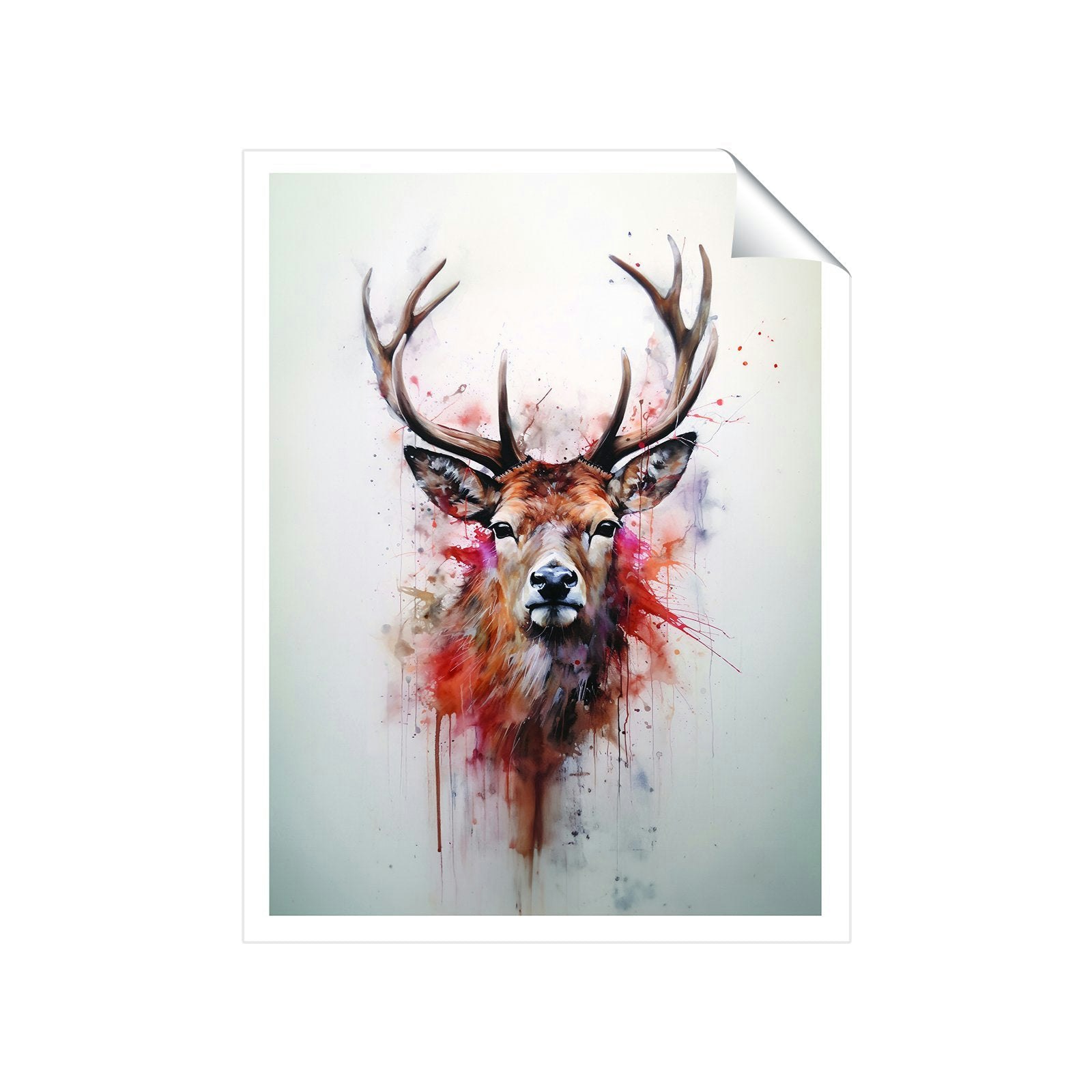 Rackhams Watercolour Splashart Stag Face Art Prints - 20" X 30" - No Frame