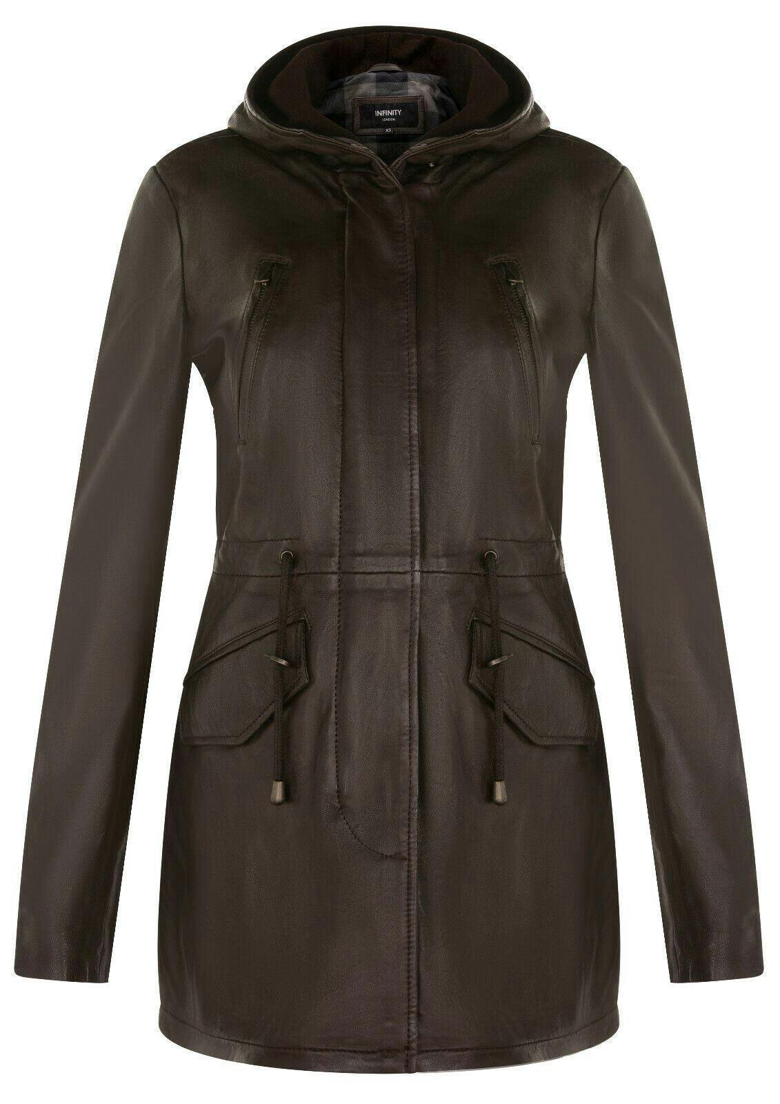 Infinity Leather Women's Brown Mid Length Hooded Parka Jacket-Oakengates - Uk 4XL/22 | Eu 48 | Us 18