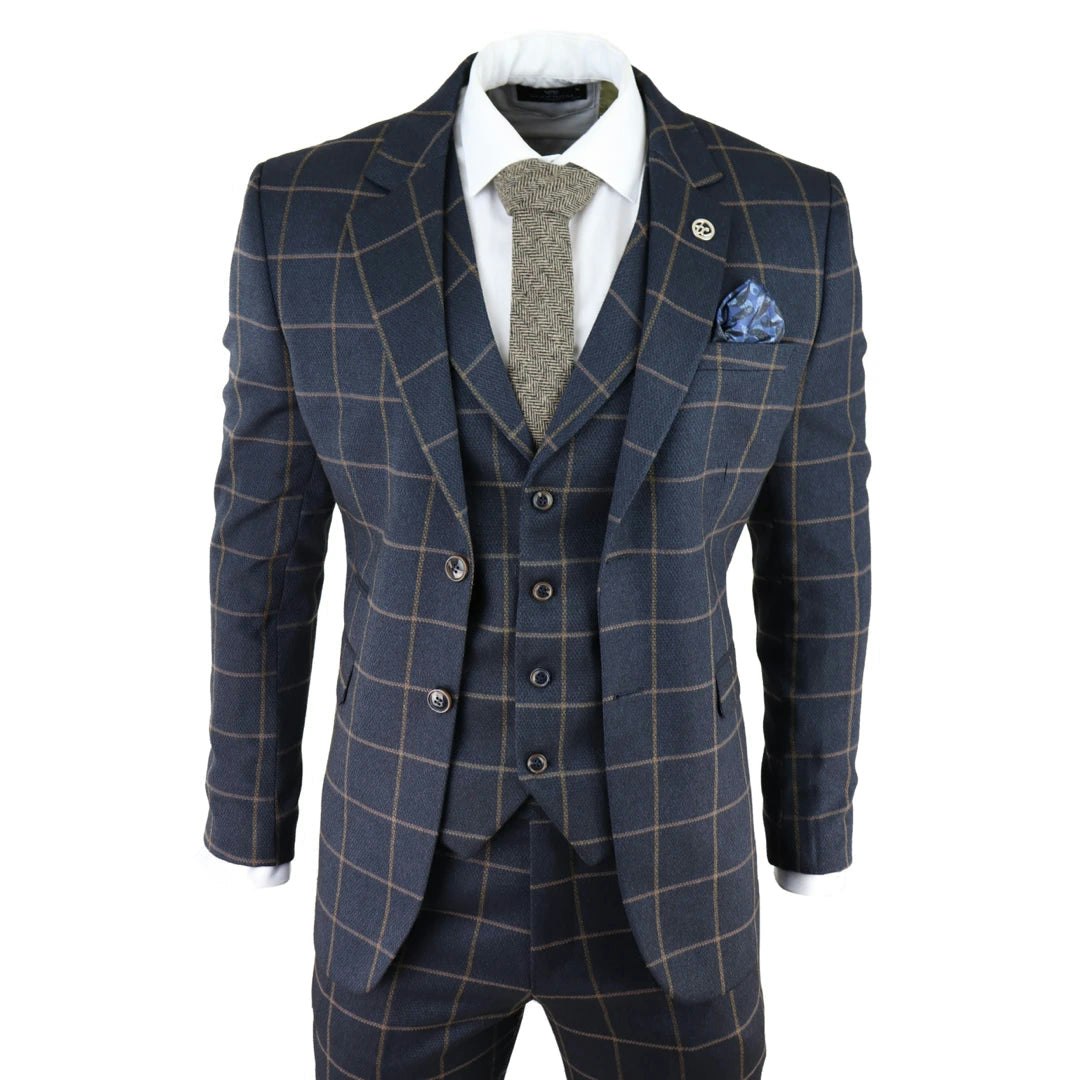 Truclothing Men's Blue Ak-15 - 3 Piece Suit Tan Check Classic Wedding Prom Peaky Tweed - 44" Jacket 38" Trousers