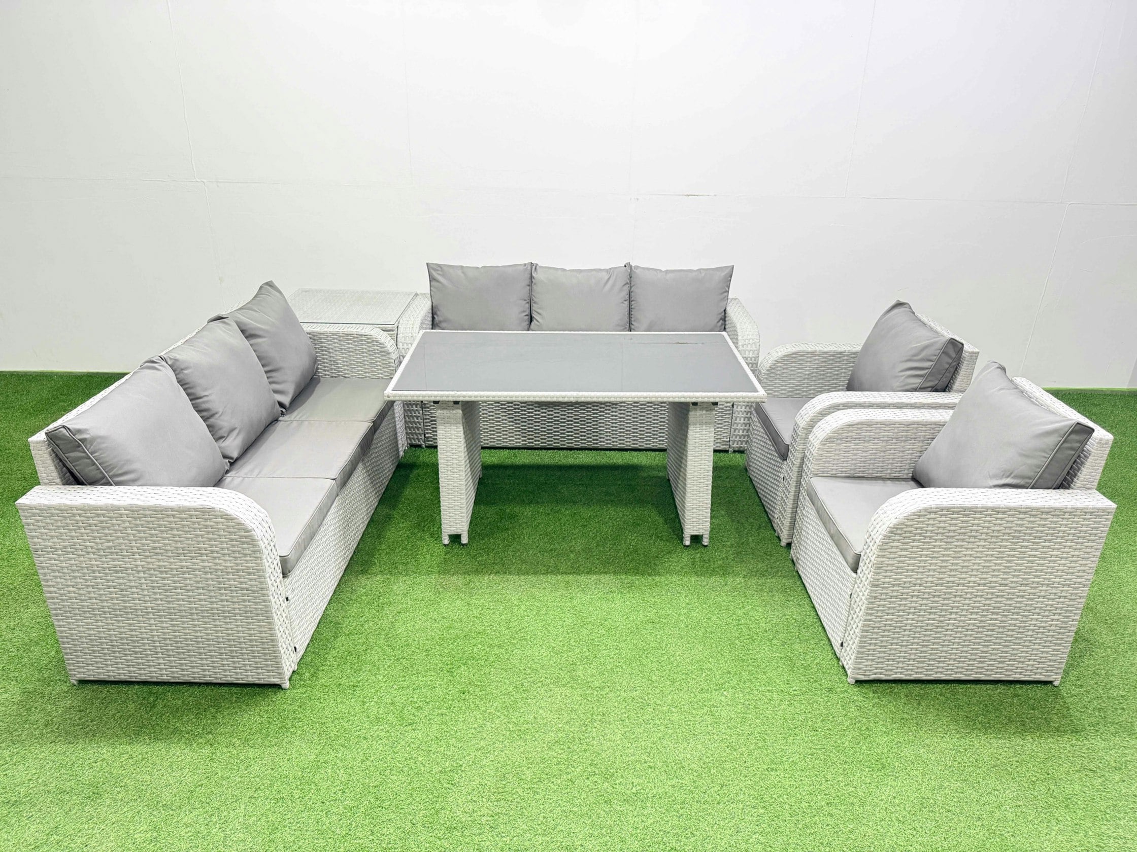 Rackhams Light/Grey 8 Seater Wicker Pe Rattan Furniture Outdoor Dining Table 3 Seater Sofa Reclining Chair Set With Side Table
