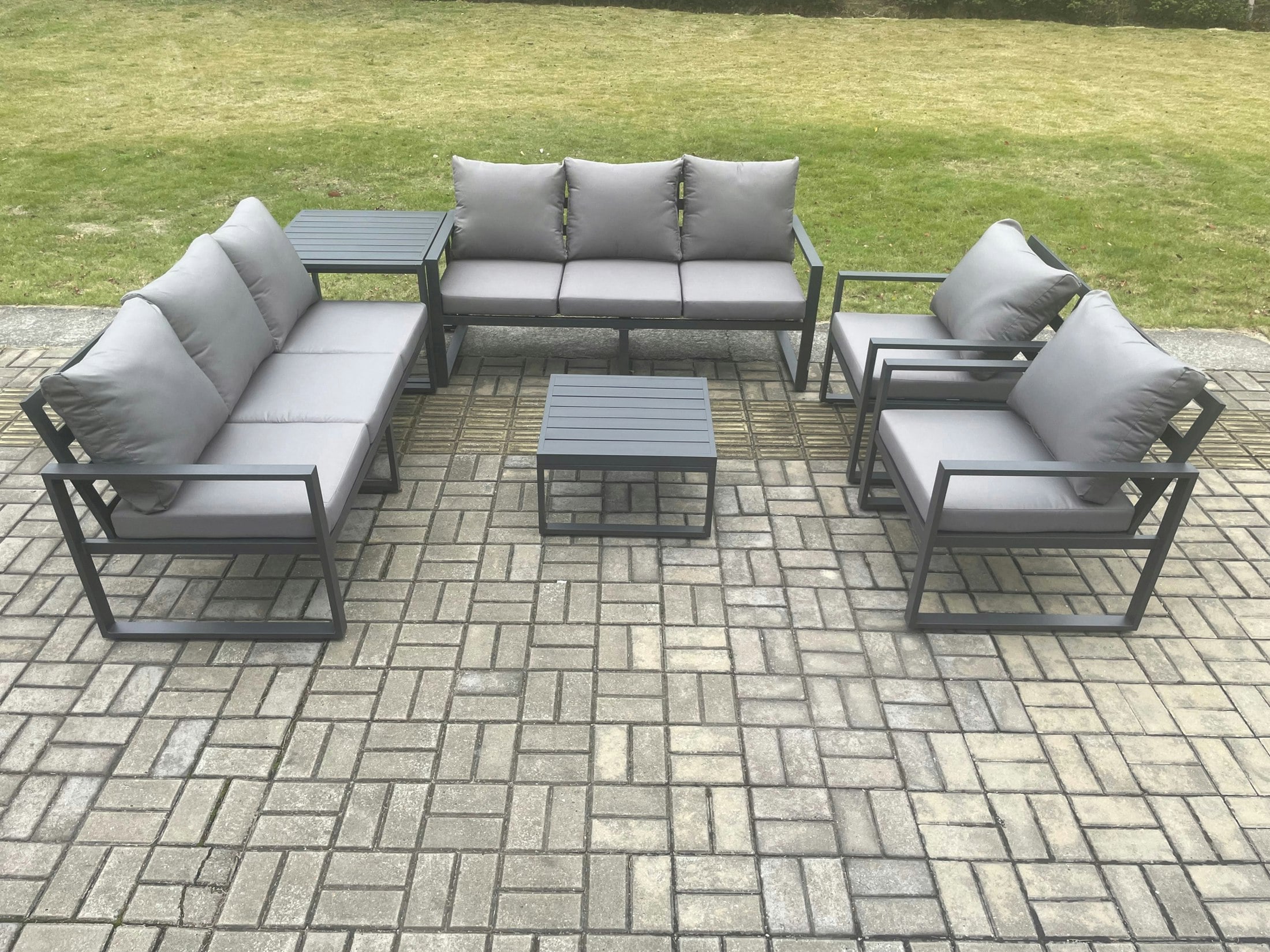 Rackhams Dark/Grey Aluminium Outdoor Lounge Sofa Set Garden Furniture Sets With Square Coffee Table 2 Chairs Side Table 8 Seater