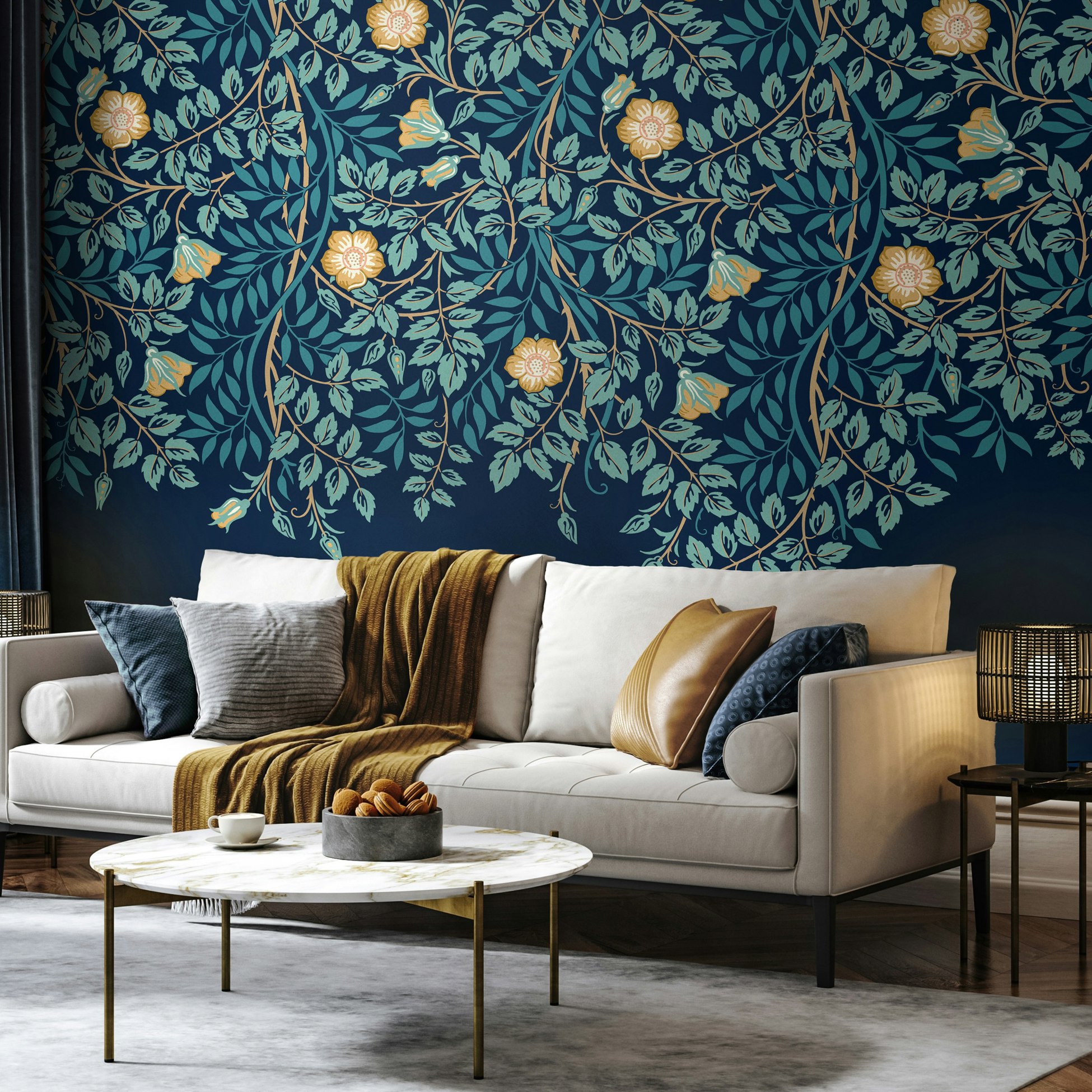 Origin Murals Indigo Cascading Rosehip - And Teal - Large - W350cm X H280cm