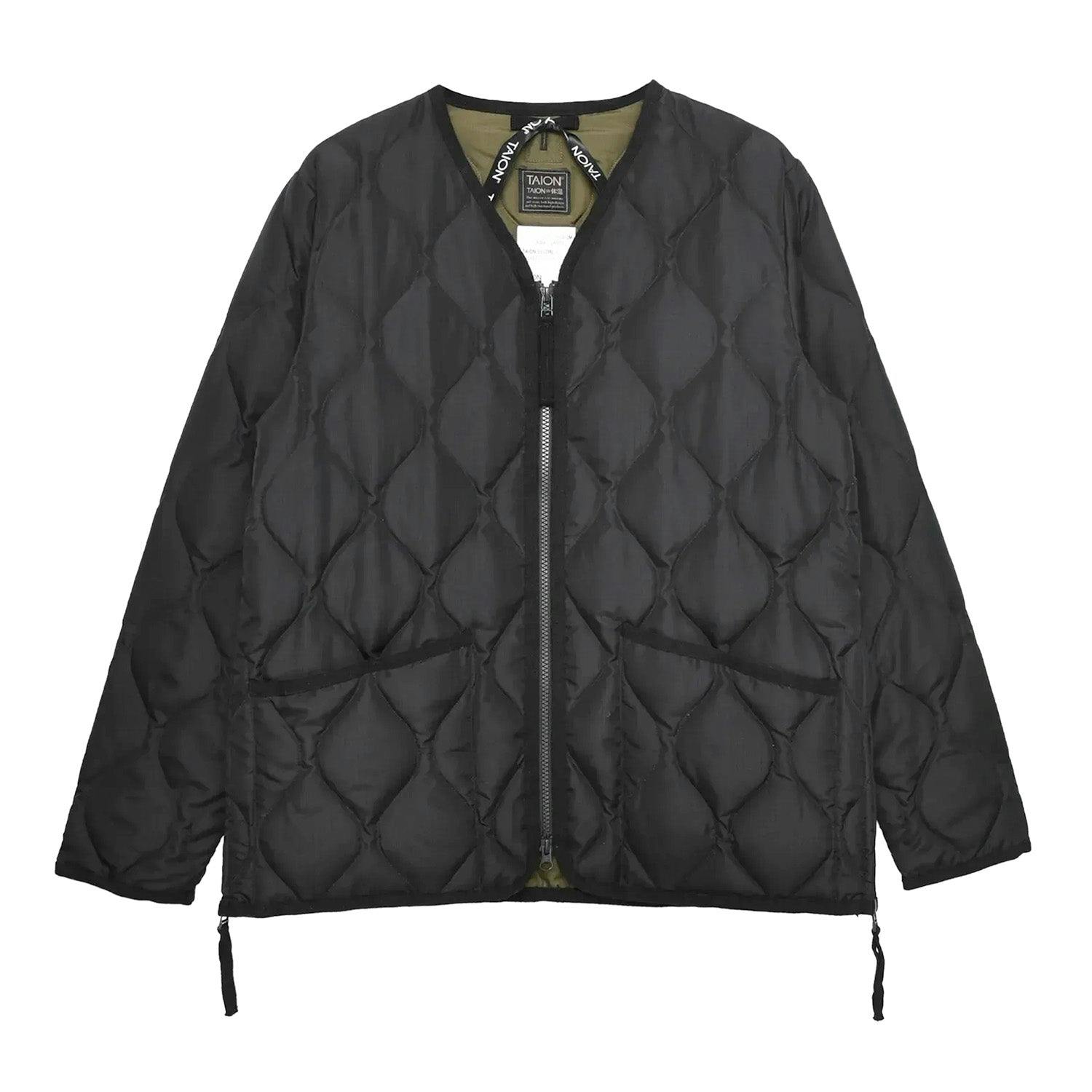 Taion Unisex Black Military V Neck Ripstop Down Jacket - Large