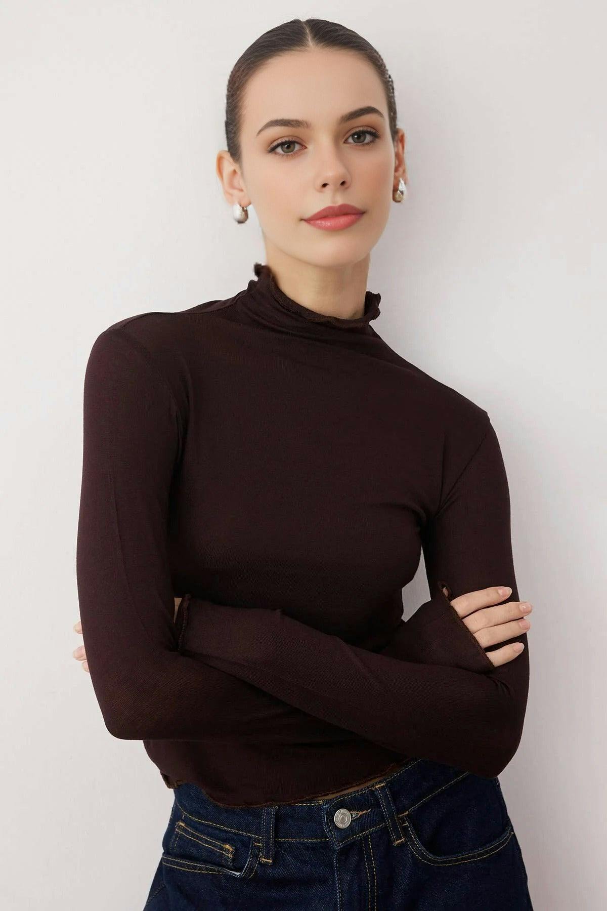 Wovcor Brown Transparent Stand Collar Flexible Regular Knit Blouse - M