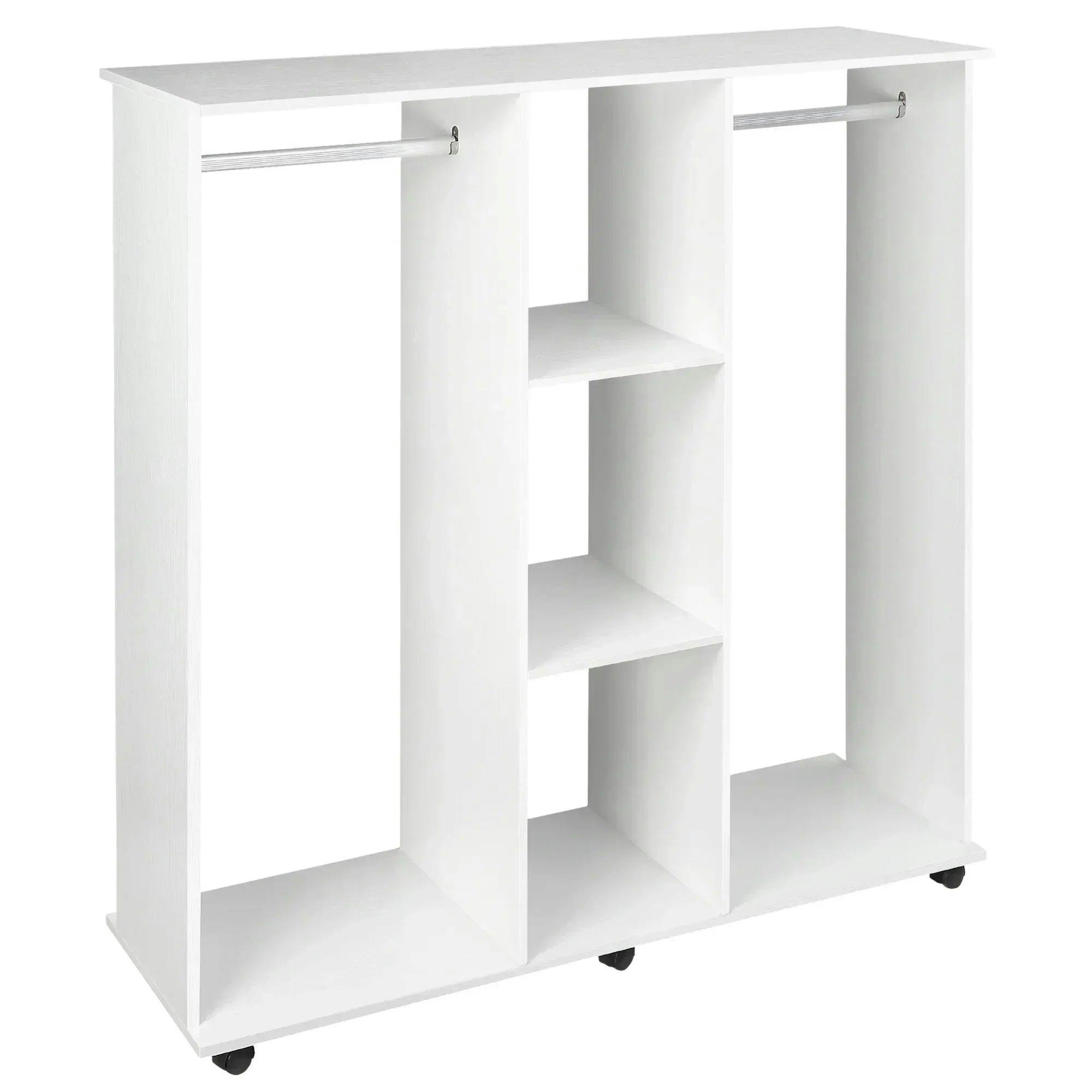 HOMCOM Rolling Open Wardrobe - White - 3 Tier Cube Storage - 2 Hanging Rails - Mobile Wheels - Chipboard/Aluminium - Image 7