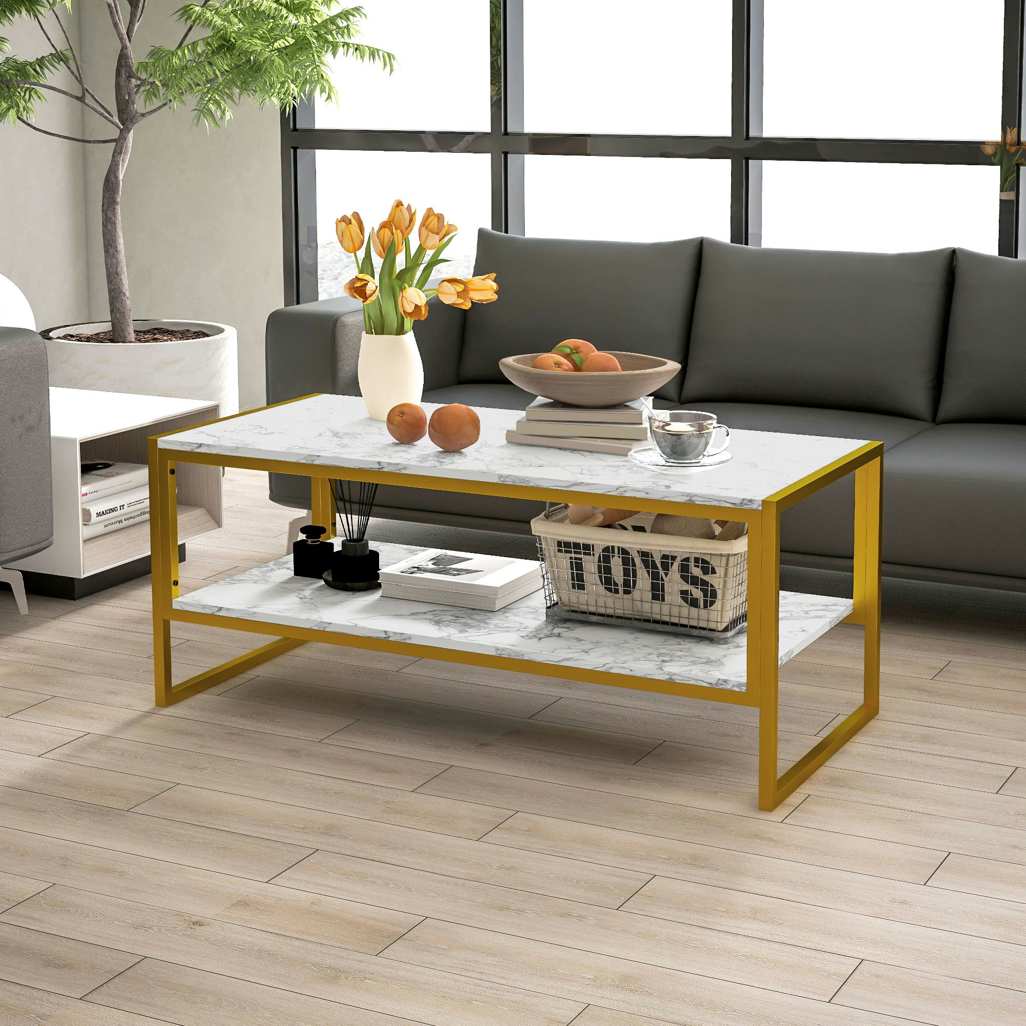 Homcom Black/White Two-Tier Coffee Table With Marble Effect Shelf And Metal Frame