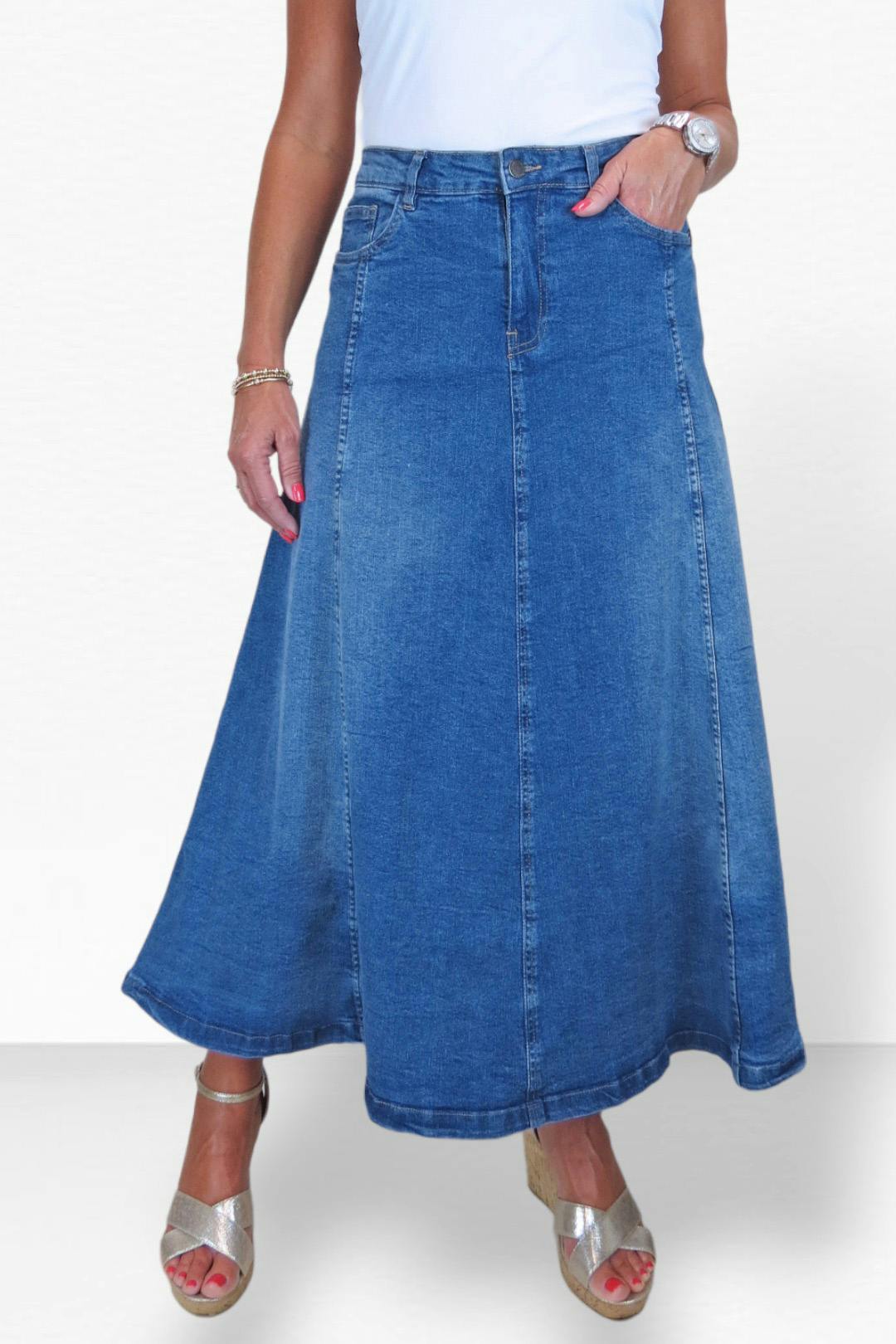 Paulo Due Women's Blue Flared Denim Maxi Skirt - 10 - Mid