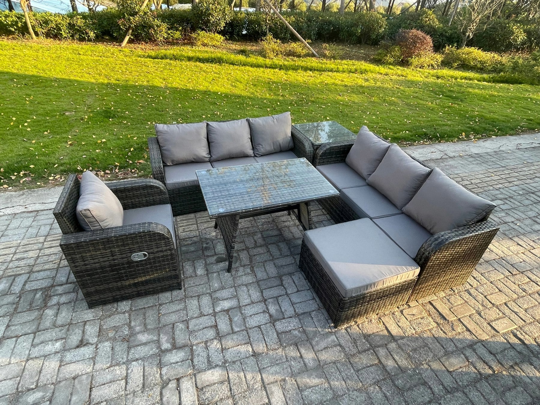 Rackhams Dark/Grey Outdoor Lounge Sofa Set - Mixed Wicker Rattan Garden Furniture With Rectangular Dining Table & Reclining Chair