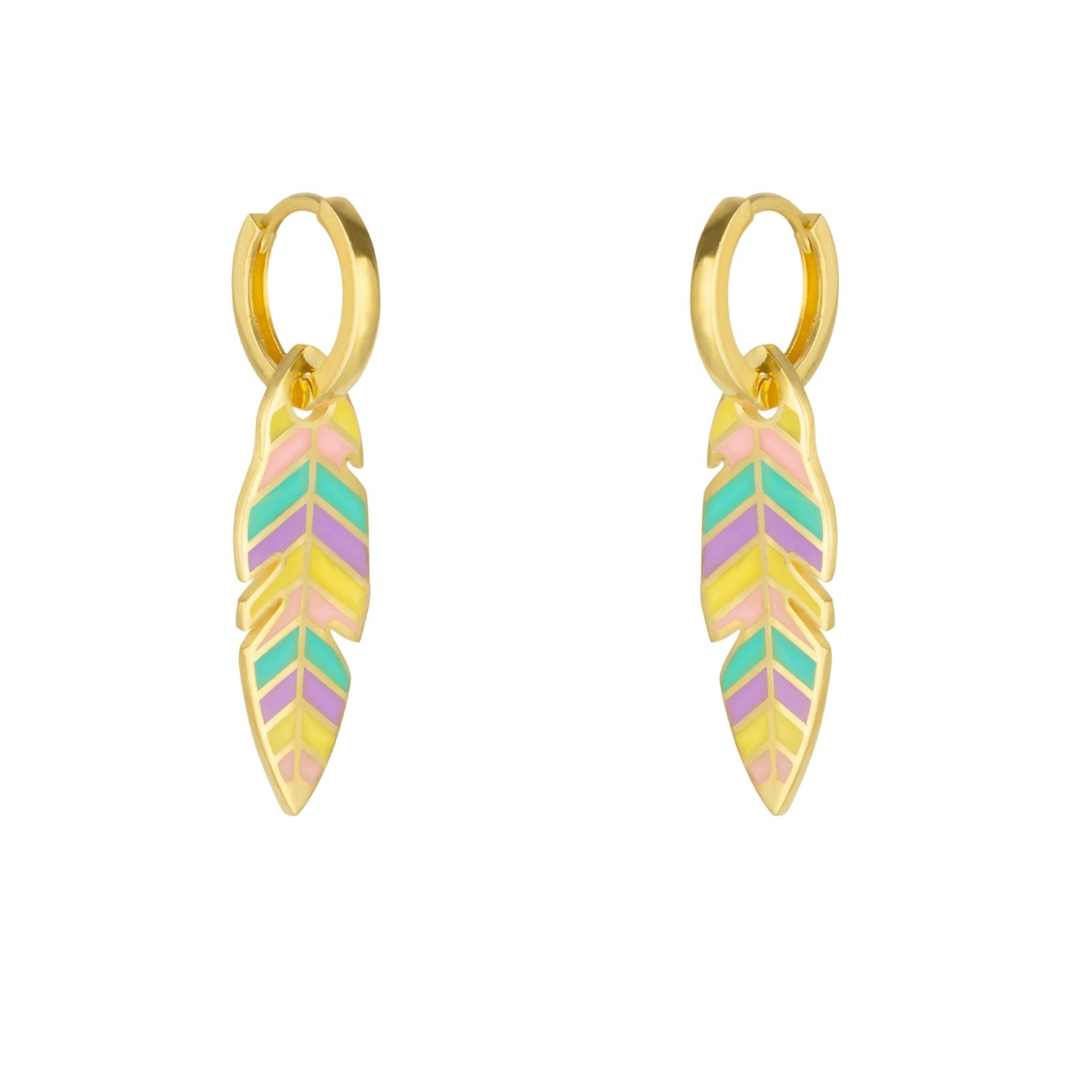 Spero London Silver/Gold Feather Leaves Rainbow Enamel Hoop Earrings
