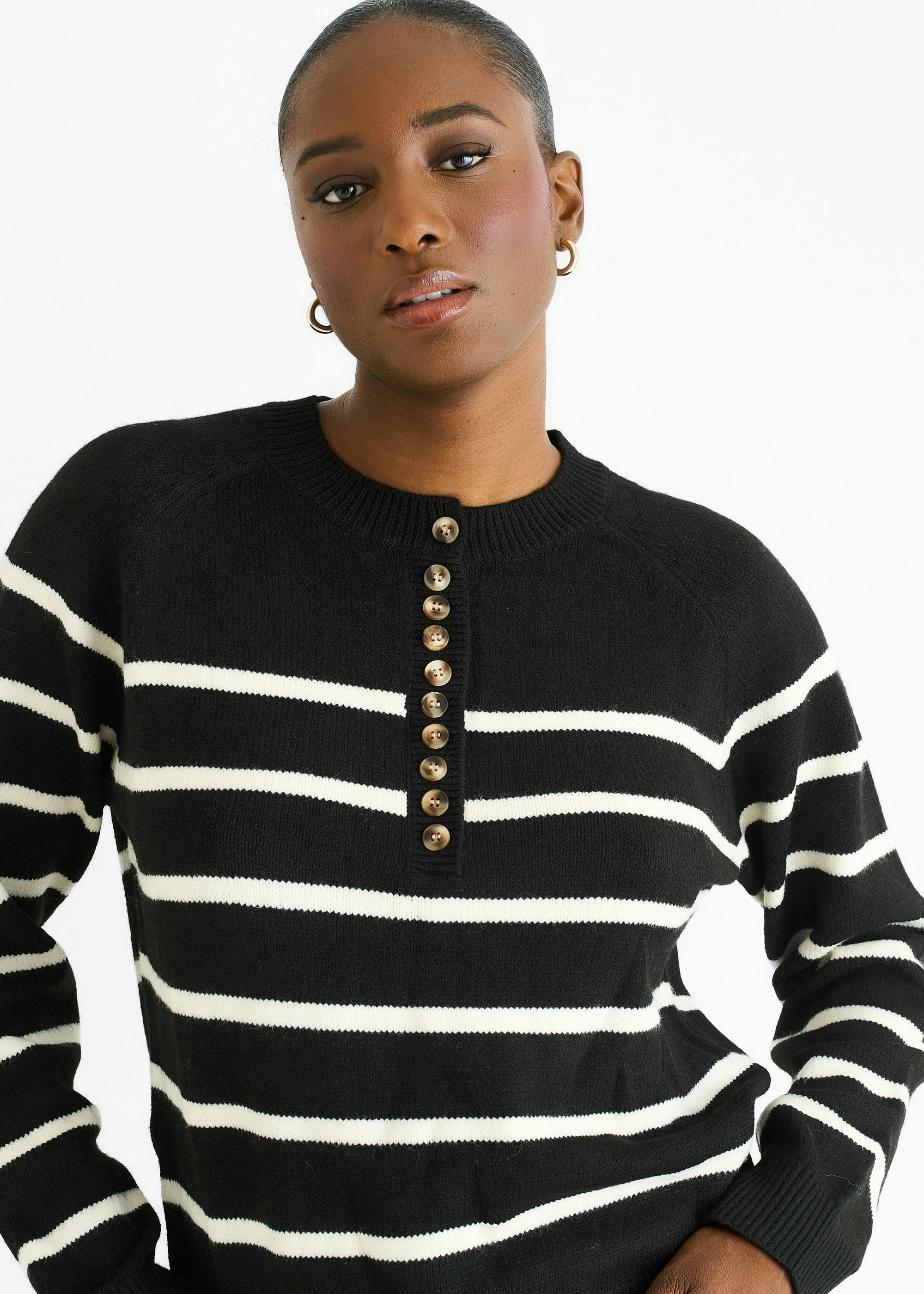 Gini London Black Recycle Stripe Button Up Loose Fit Knit Jumper - S-M (Uk 8-10/Us 4-6/Eu 36-38)