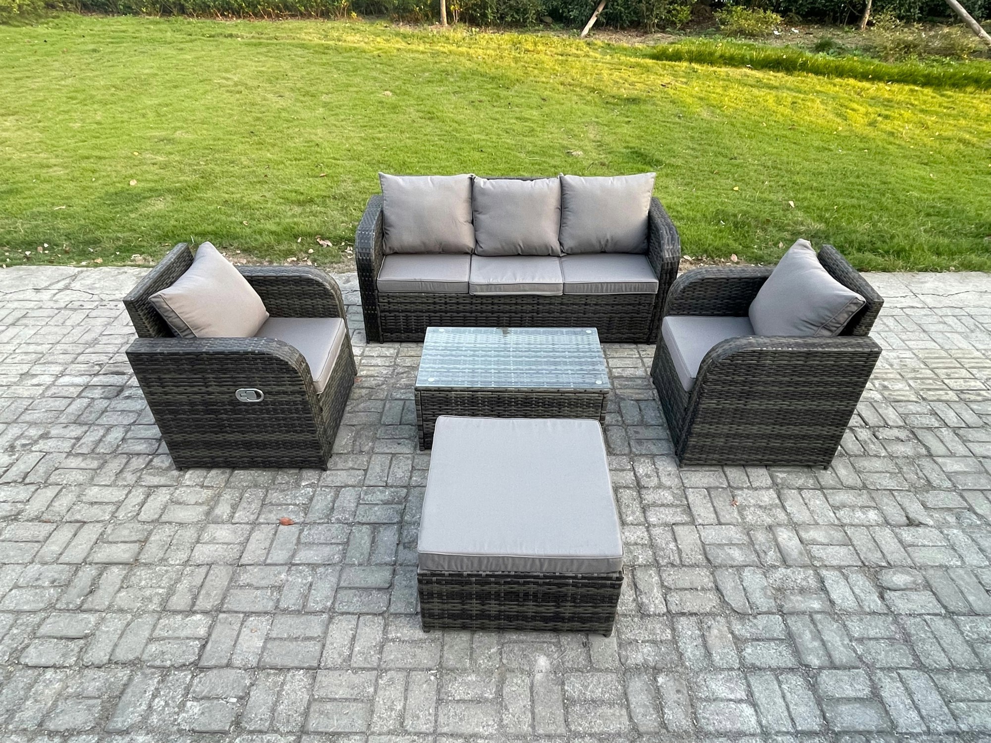 Rackhams Dark/Grey Outdoor Rattan Garden Furniture Set Patio Lounge Sofa Set With Reclining Chair Rectangular Coffee Table Big Footstool Mixed