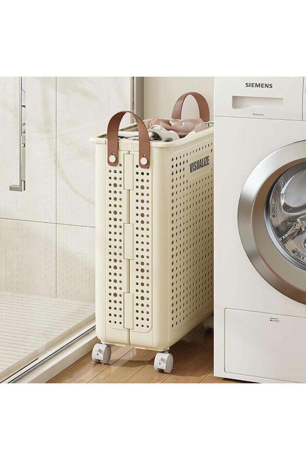 Living And Home Beige Foldable Laundry Basket With Wheels