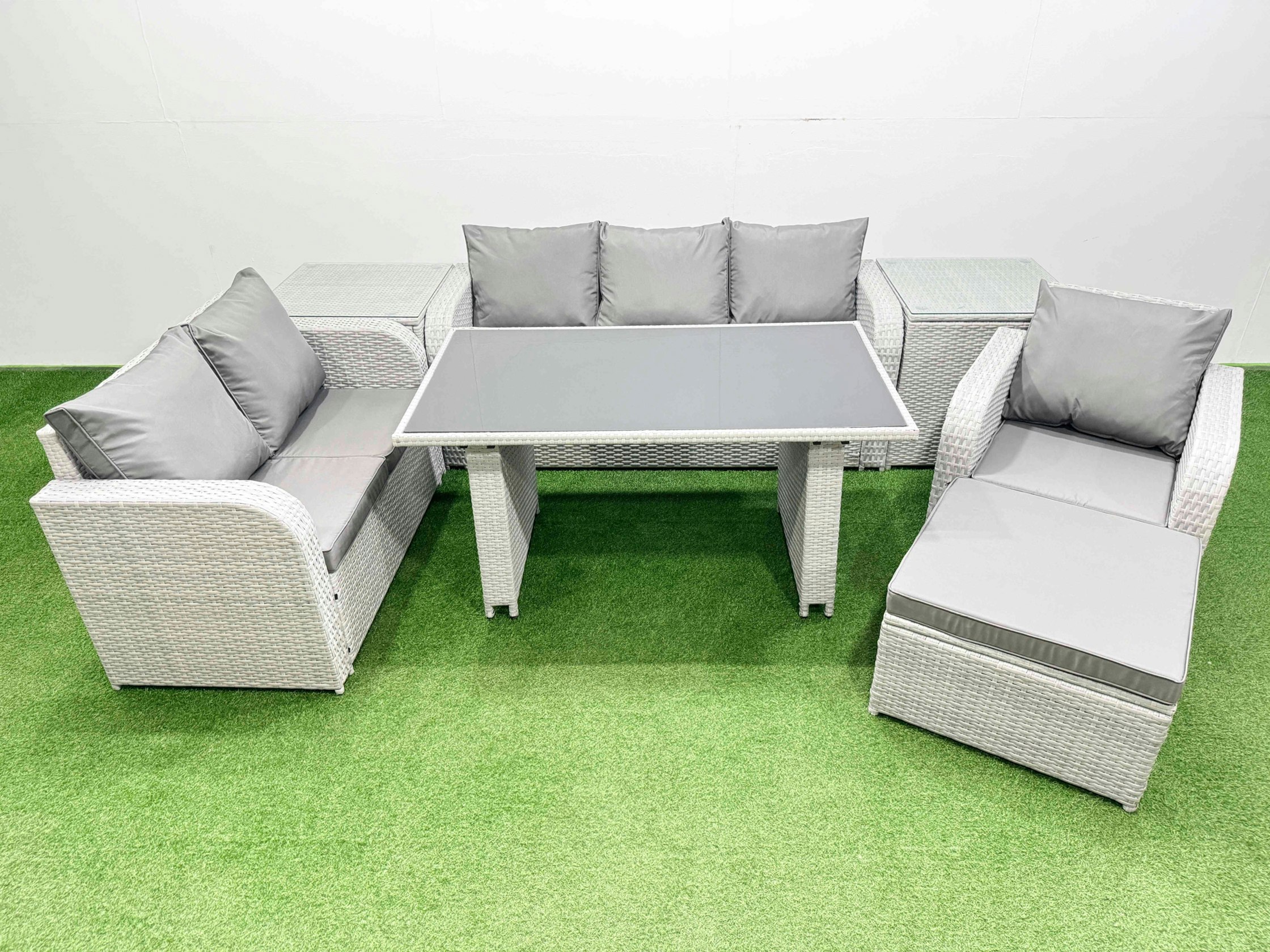 Rackhams Light/Grey Rattan Outdoor Table Reclining Chair Sofa Set With 2 Side Tables Big Stool 7 Seater