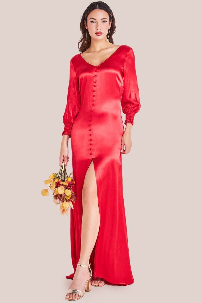 Goddiva Red Satin Viscose Front Split Maxi - By - 16