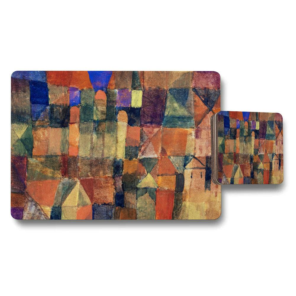 Benjamin Tate Design Amber/Blue/Purple Abstract Geometric Placemat And Coaster Set In Colorful Blocks