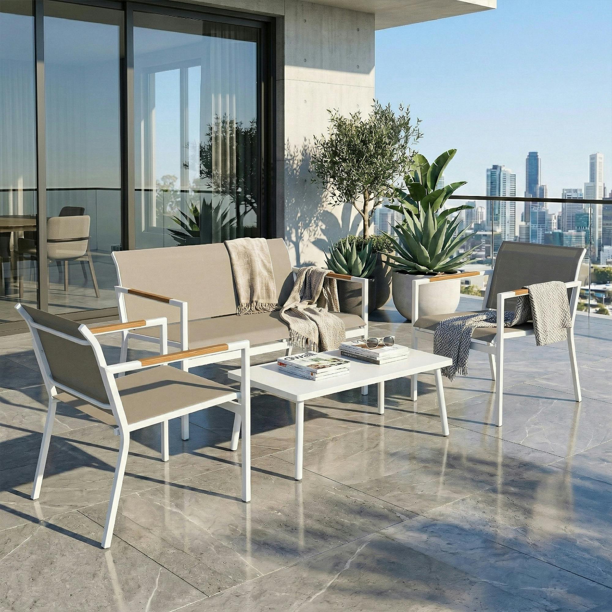 Rackhams 4 Seater Garden Furniture Set, Metal Garden Sofa Set - Khaki