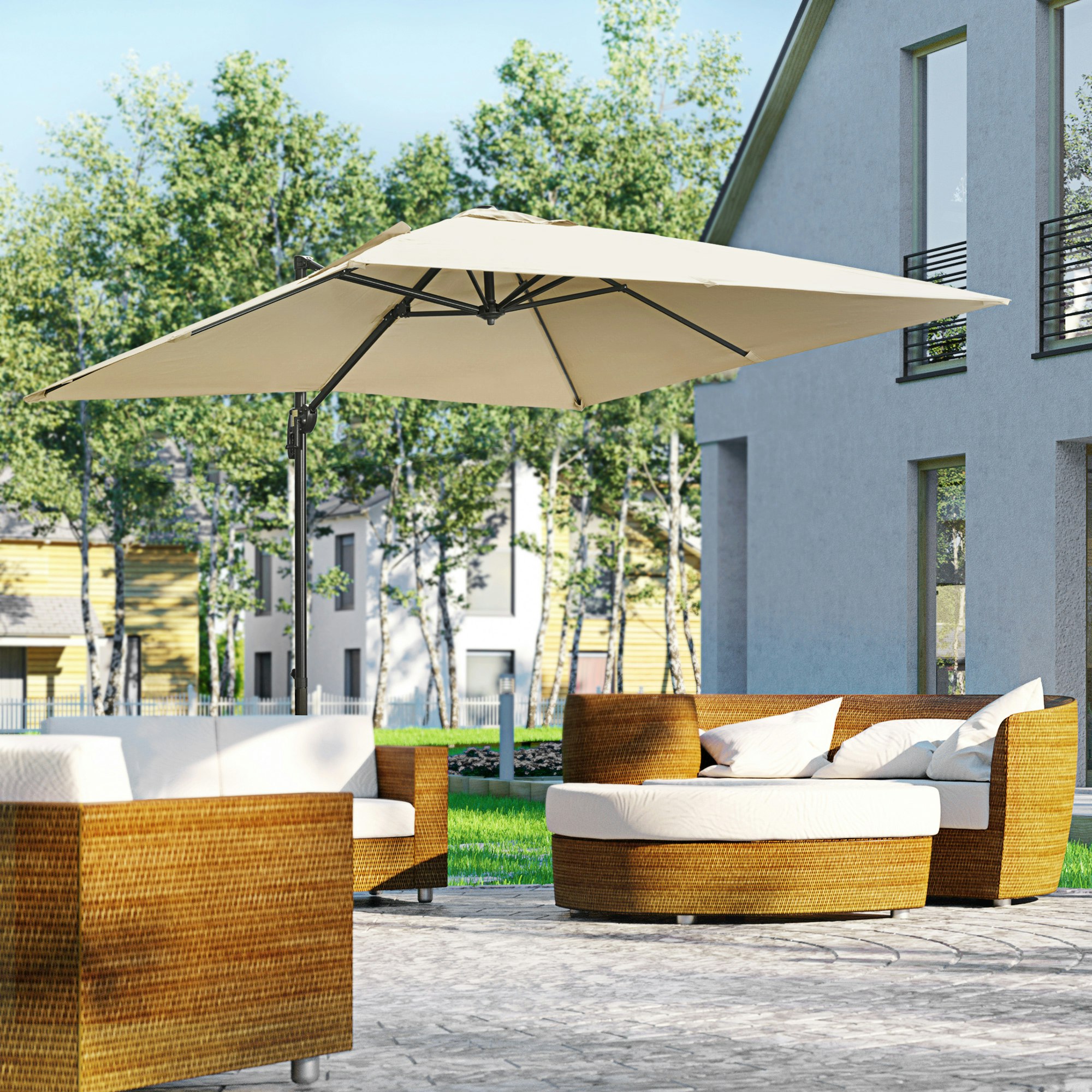 Rackhams Cream/White 2.7 X 2.7M Square Overhanging Cantilever Umbrella Parasol With Cross Base, Crank Handle, Tilt, 360° Rotation & Aluminium Frame - 268L X 268W X 250H Cm
