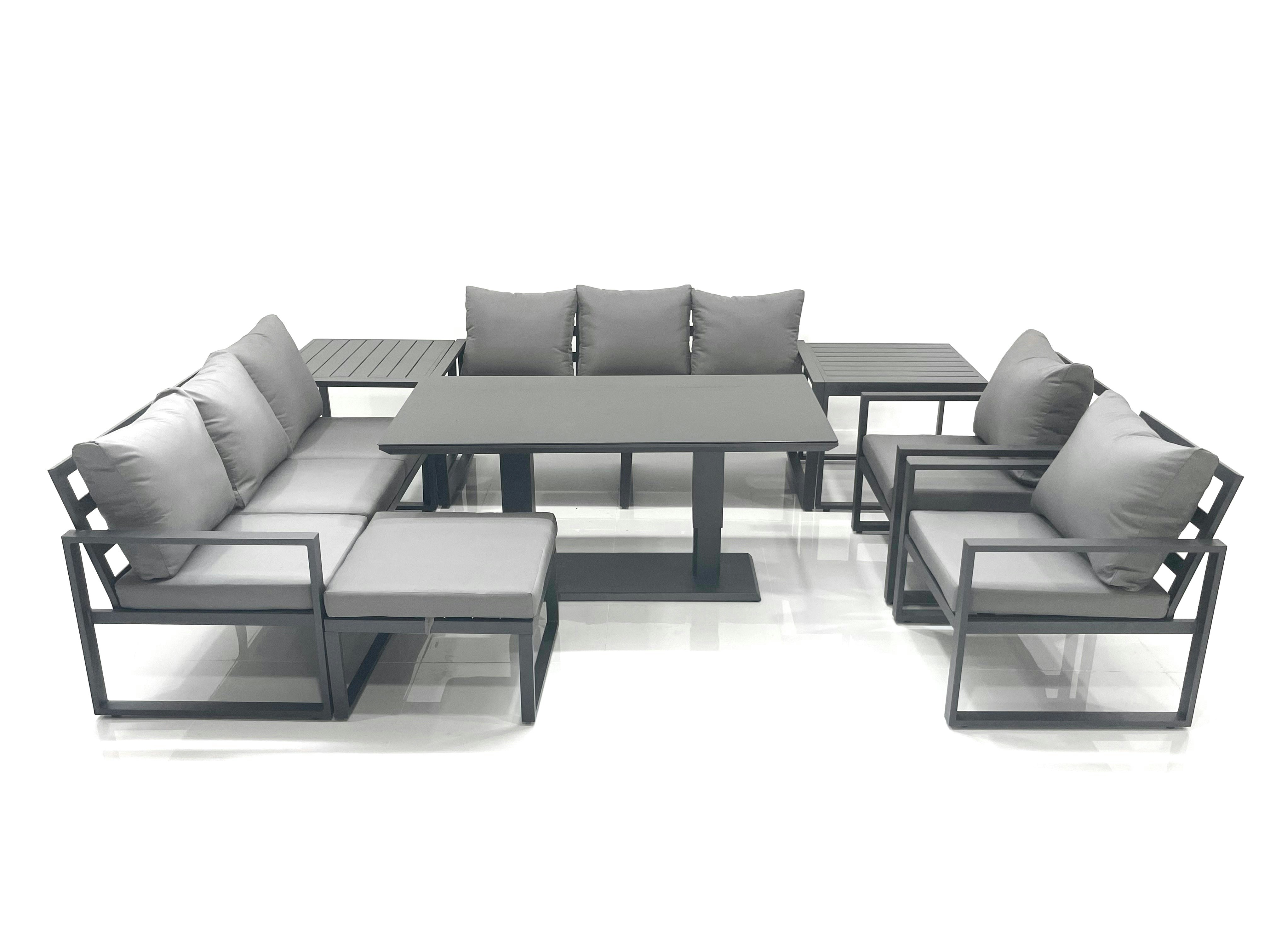 Rackhams Dark/Grey Garden Sofa Set Aluminium Furniture Rising Dining Tabe Set With 2 Chair Big Footstools 2 Side Tables