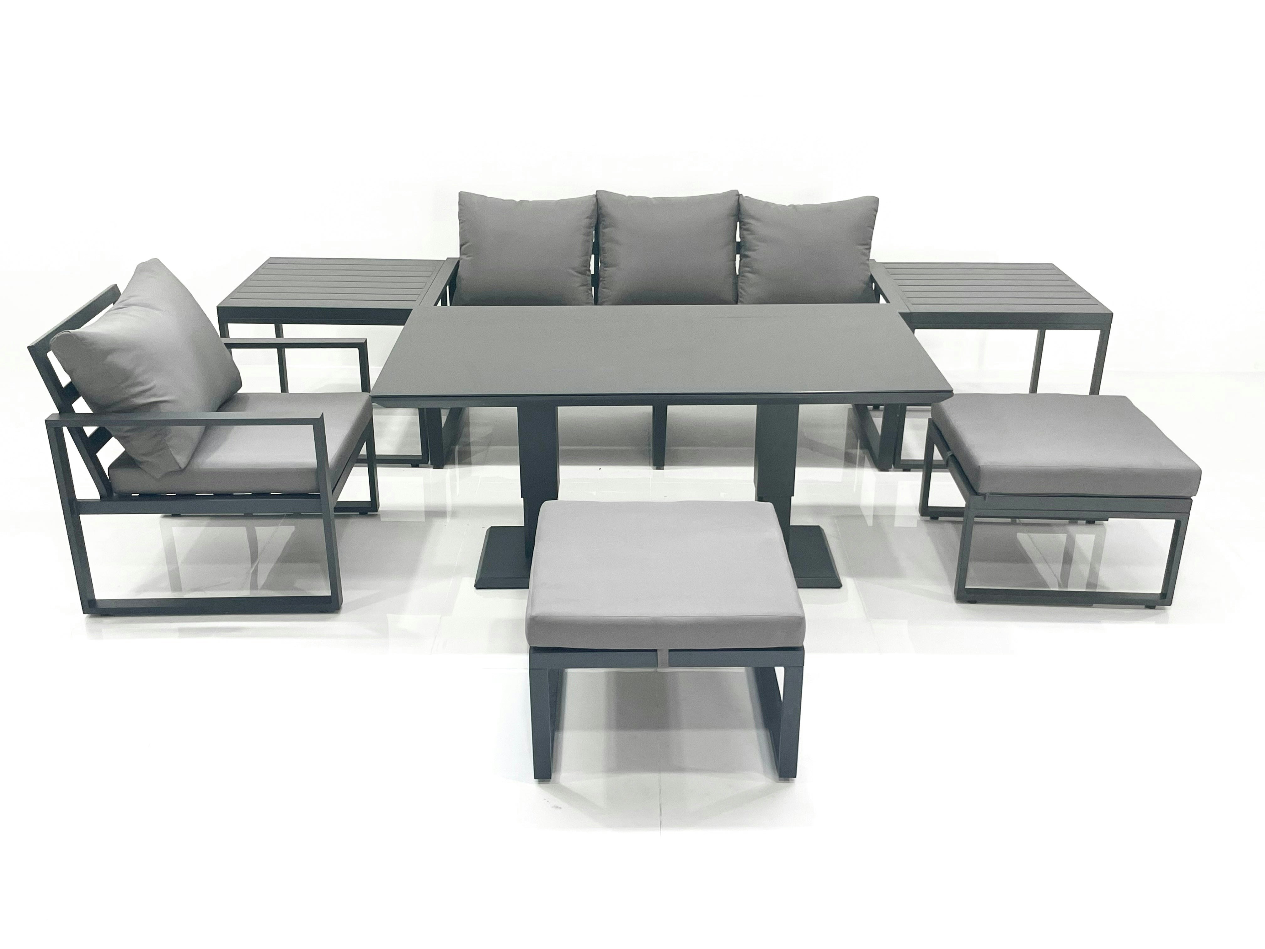Fimous Dark/Grey 6 Seater Garden Sofa Set Aluminium Furniture Rising Dining Tabe Set With Chair 2 Big Footstool 2 Side Tables