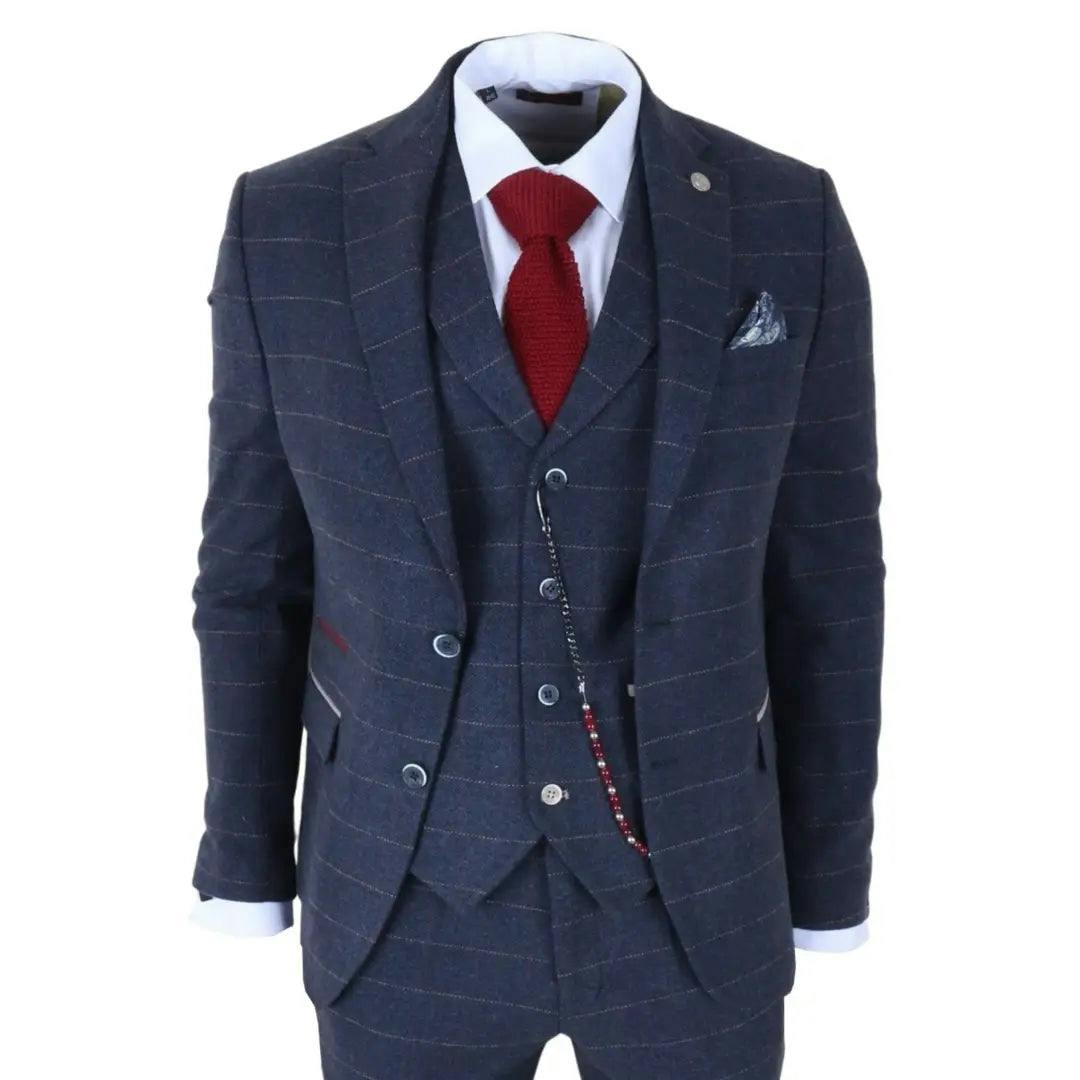 Truclothing Men's Blue Tp-32 - Navy 3 Piece Wool Blend Tweed Suit - 48" Jacket 42" Trousers