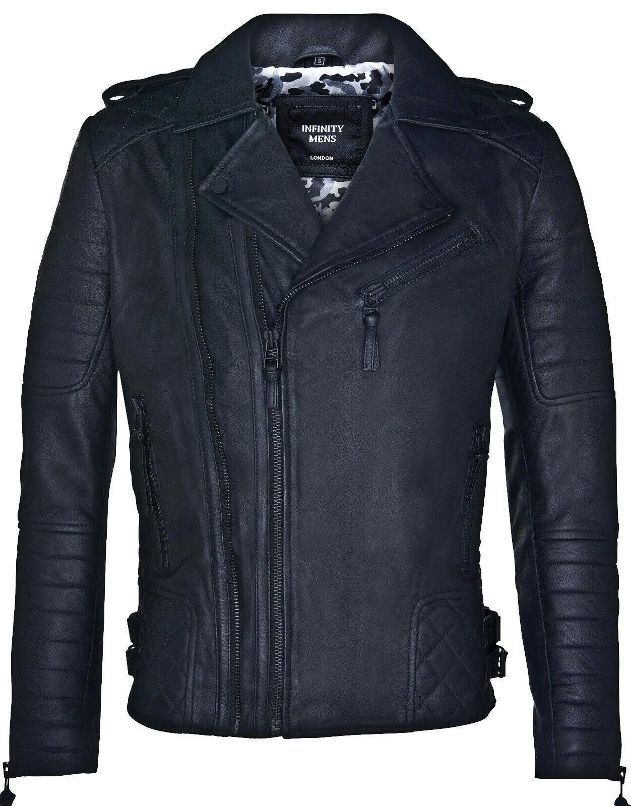 Infinity Leather Men's Black Leather Biker Quilted Brando Motorcycle Jacket - Uk Xs | Eu 44 | Us 34