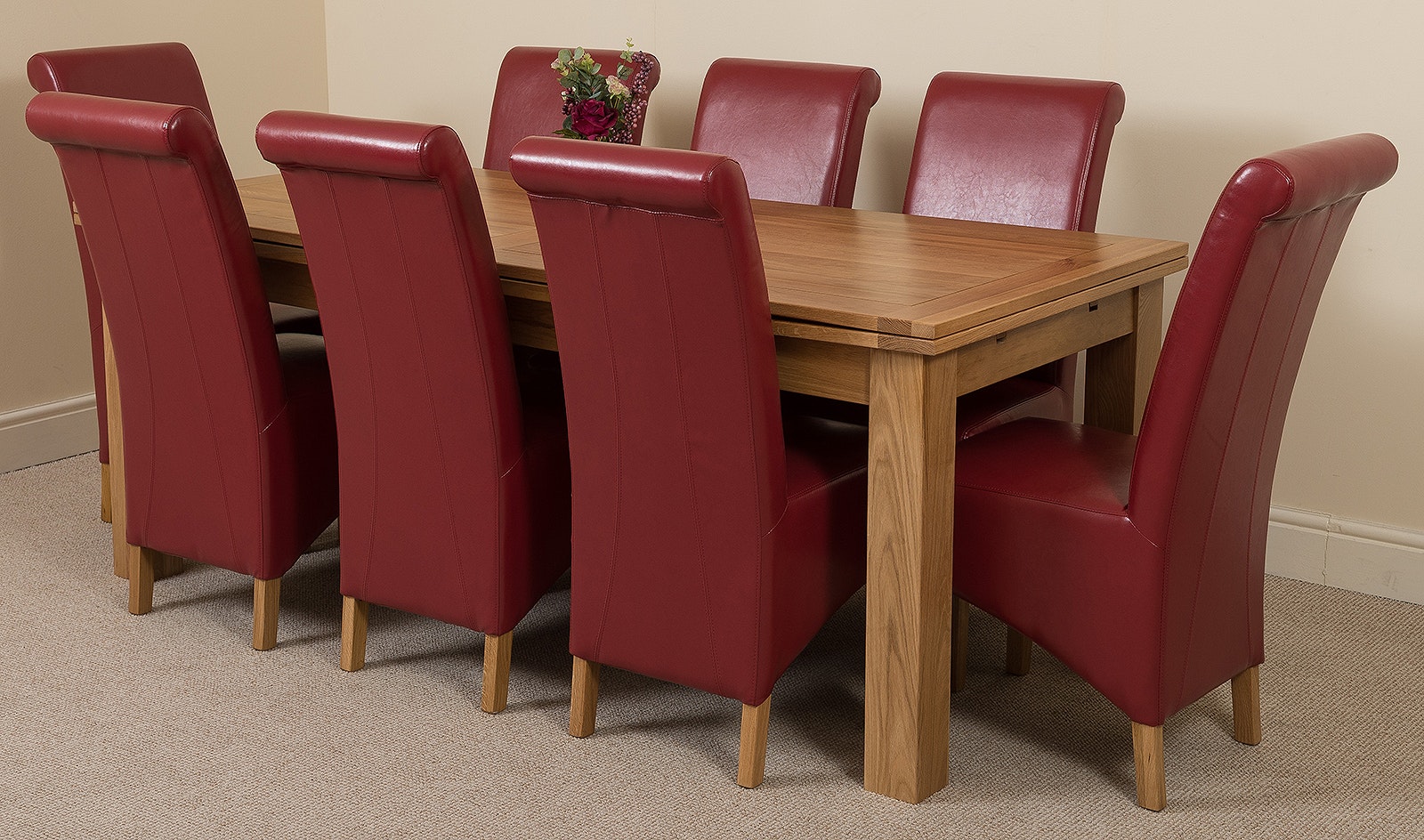 Rackhams Burgundy Richmond Oak Extending Dining Table With Montana Leather Chairs - 8 Chairs Large