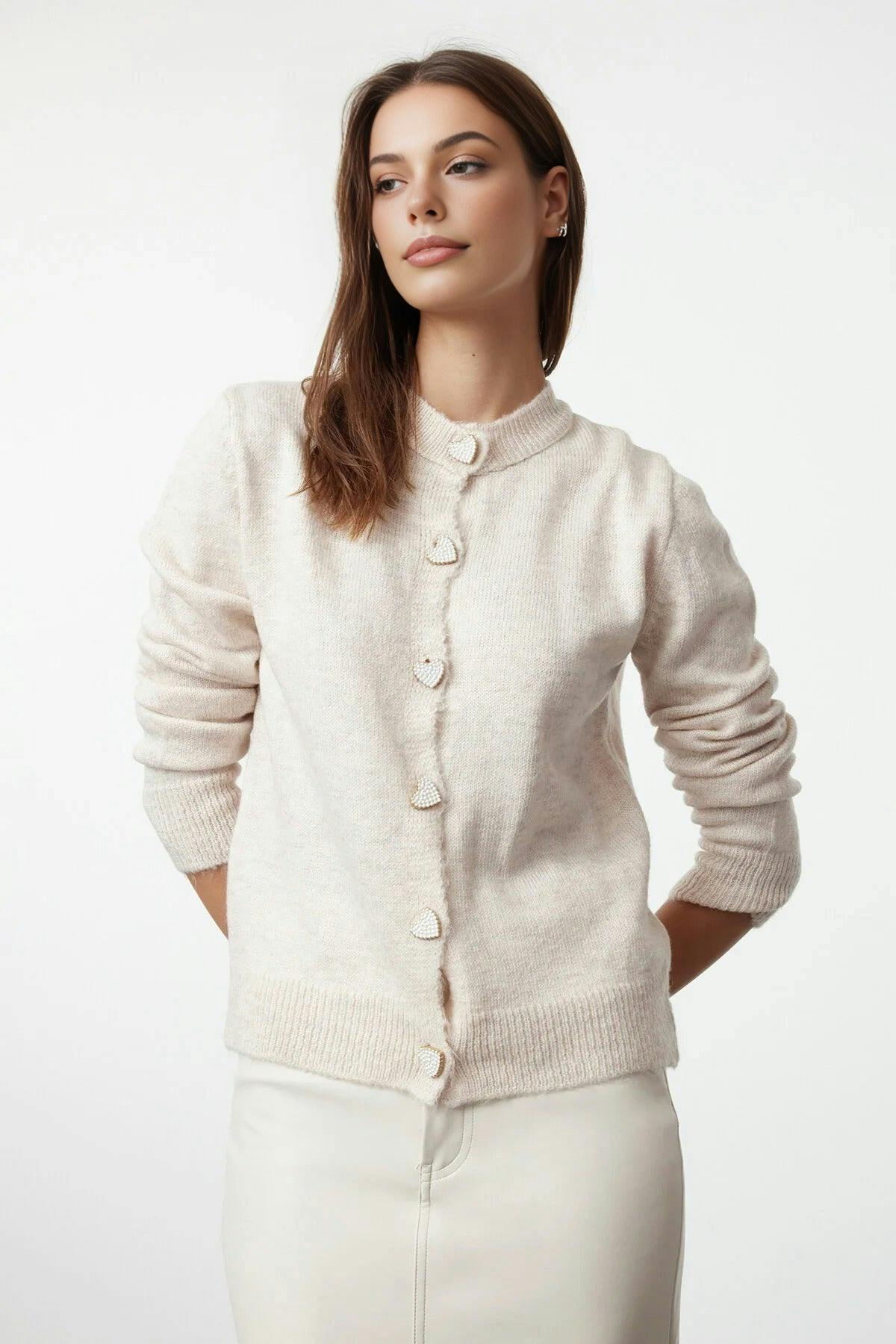 Wovcor Soft-Textured Knit Cardigan With Jewelry Button Detail - Stone - S