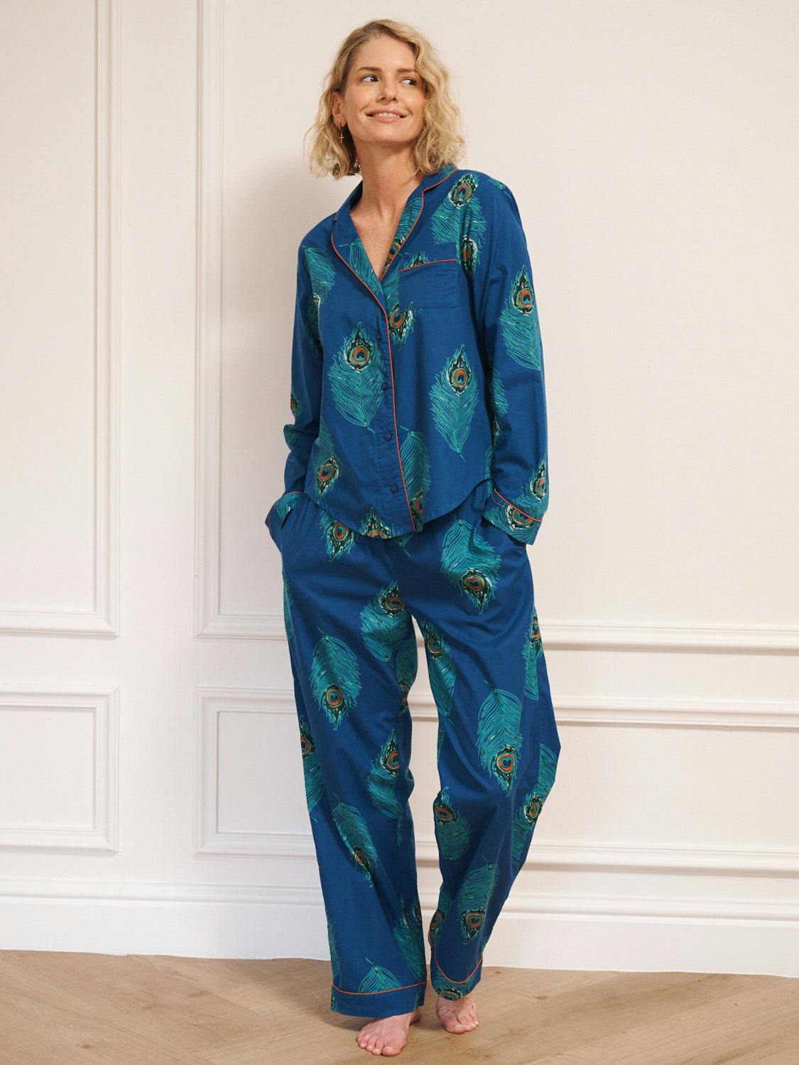 Their Nibs Women's Blue Cotton Traditional Pyjamas Navy Peacock Feather - Xxl / 20-22