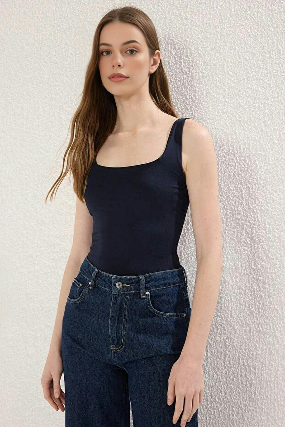 Wovcor Square Neck Knit Bodysuit - Navy - Xs