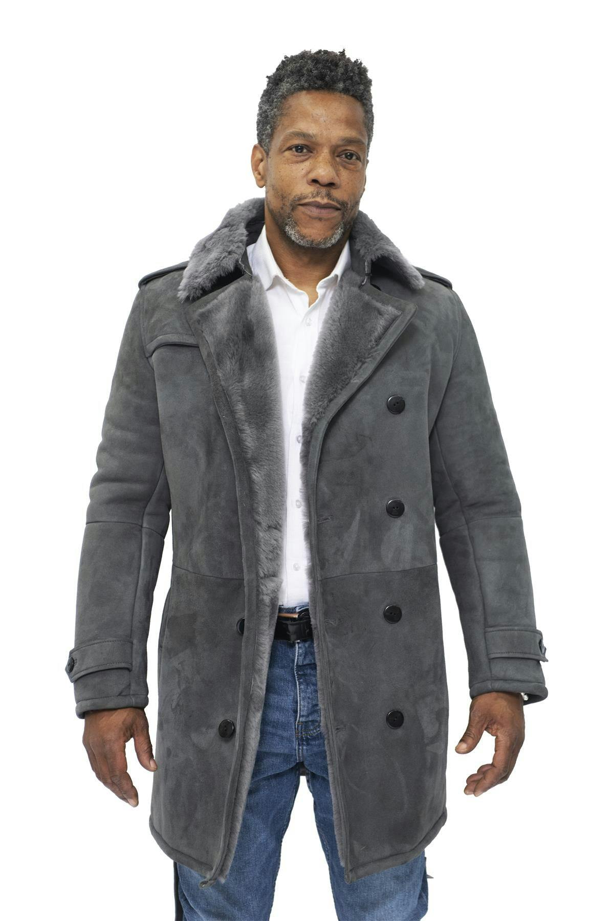 Infinity Leather Men's Grey Shearling Sheepskin Suede Pea Coat-Cali - Uk 5XL | Eu 60 | Us 50