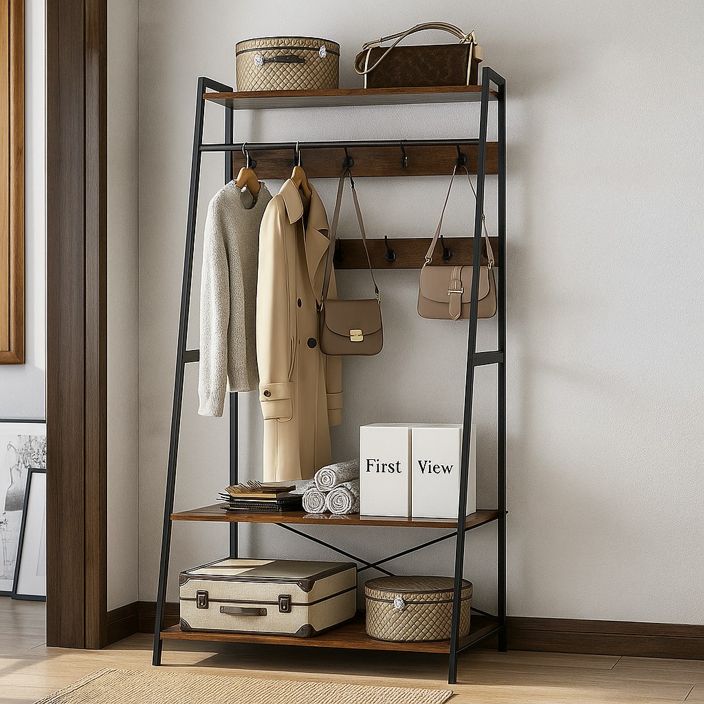 Modcraft Black/Dark/Brown Industrial Clothes Rail Rack With Shelves & Hooks Freestanding Garment Stand Wardrobe Organizer