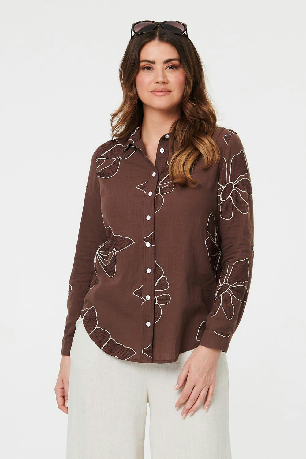 Izabel London Brown Floral Embroidered Detail Relaxed Shirt - 12