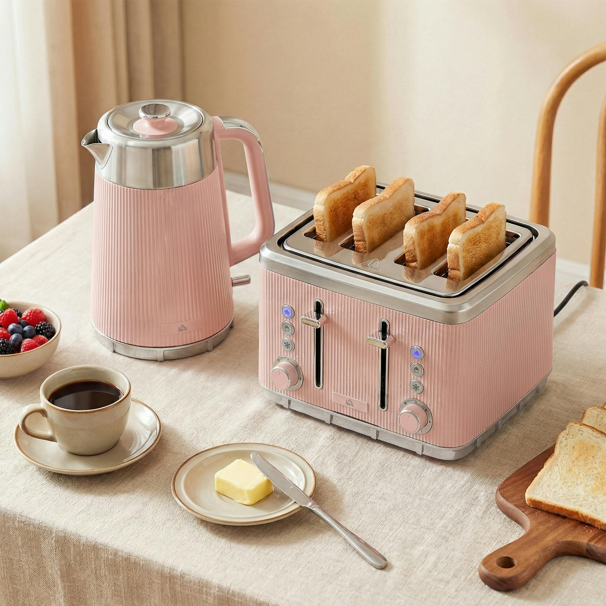 Homcom Pink 1.7L 3000W Rapid Boil Kettle And 4 Slice Toaster Set Crumb Tray