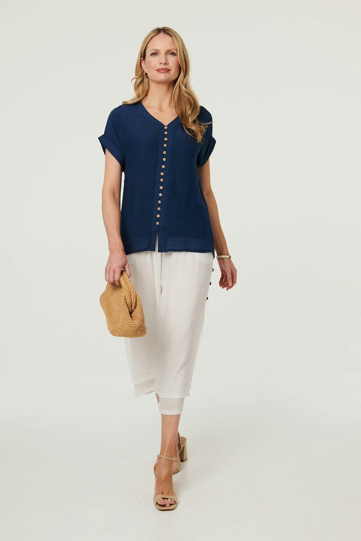 Izabel London Relaxed Layered Short Sleeve Shirt - 16 - Navy