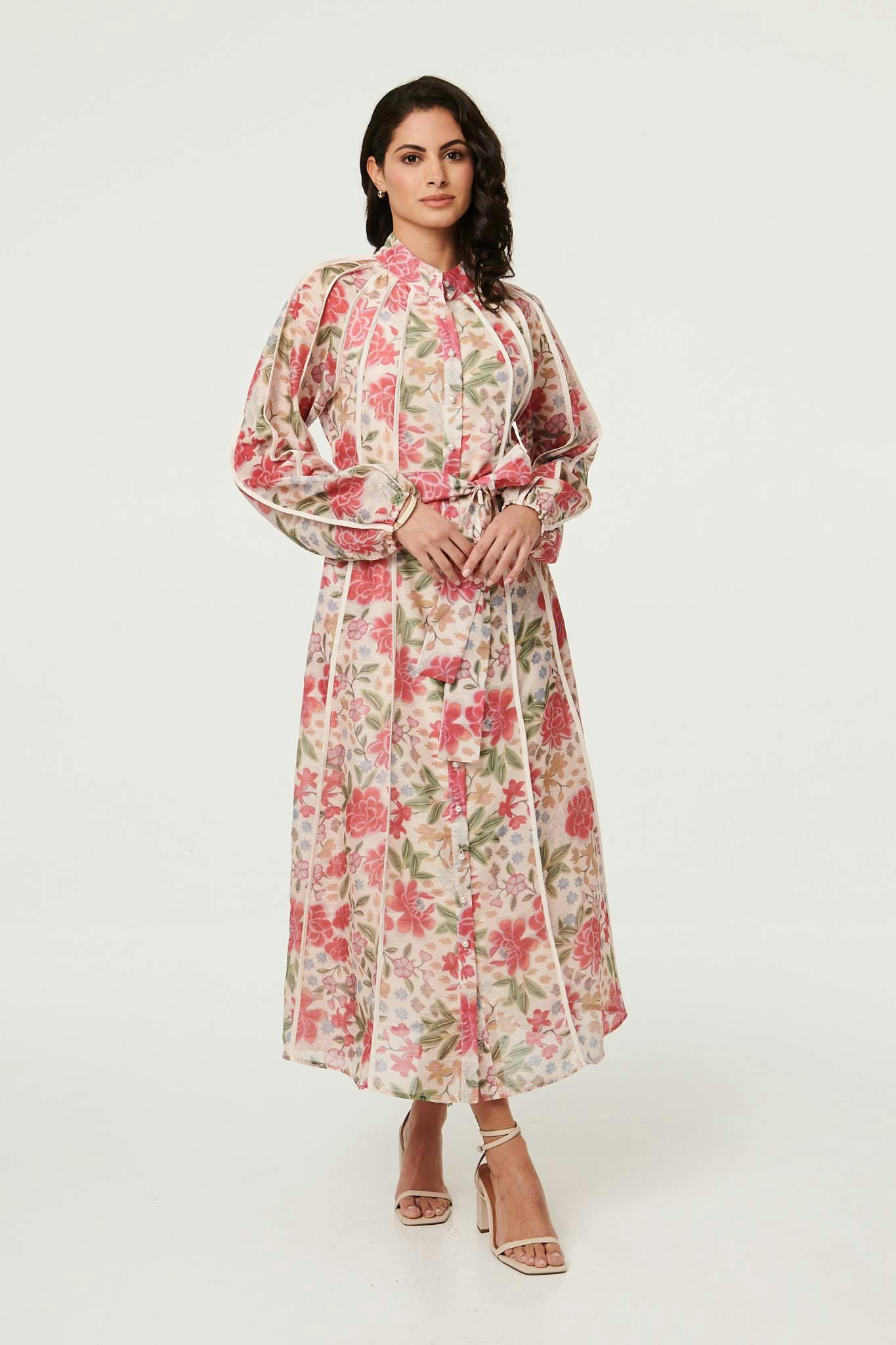 Izabel London Pink Floral Tie Waist High Neck Midi Dress - 16