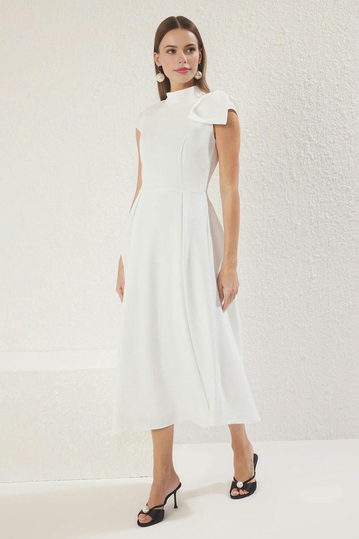 Wovcor White High Neck Pleated Midi Dress With Bow Detail - 6