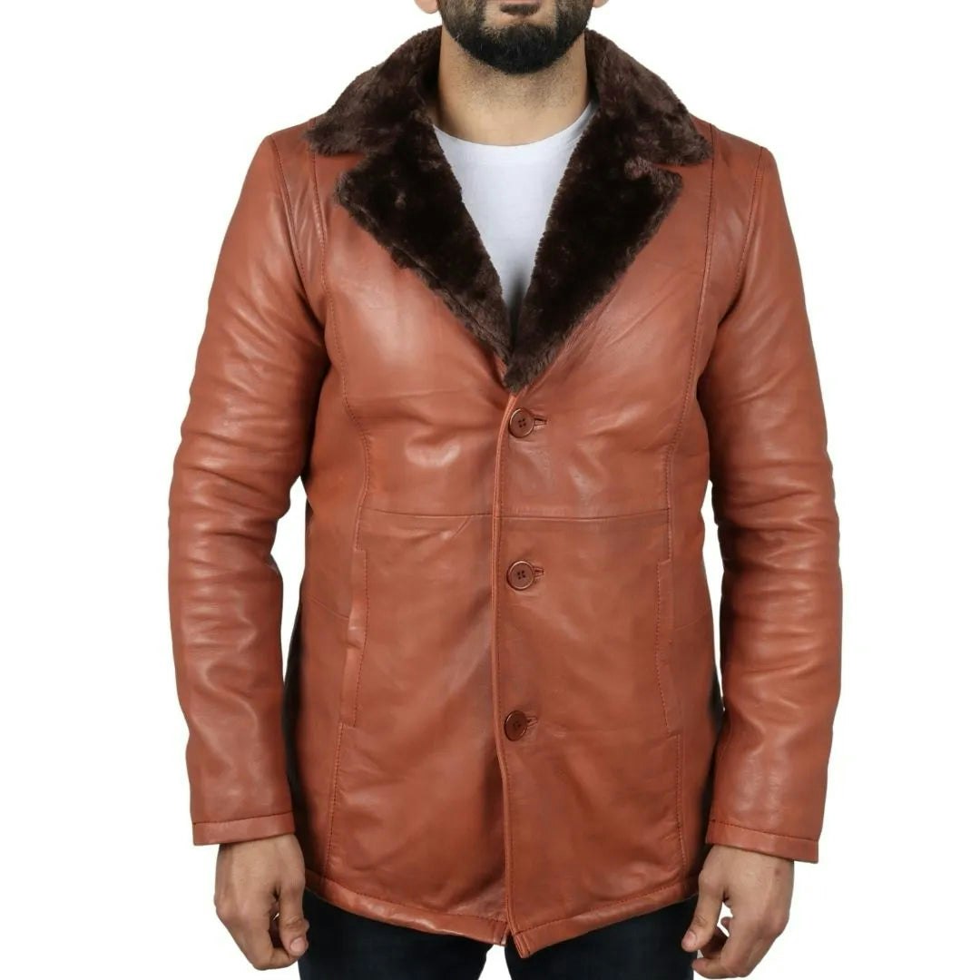 Infinity Leather Men's Leather Company Real Leather Fur Lining Coat - Tan - 5XL