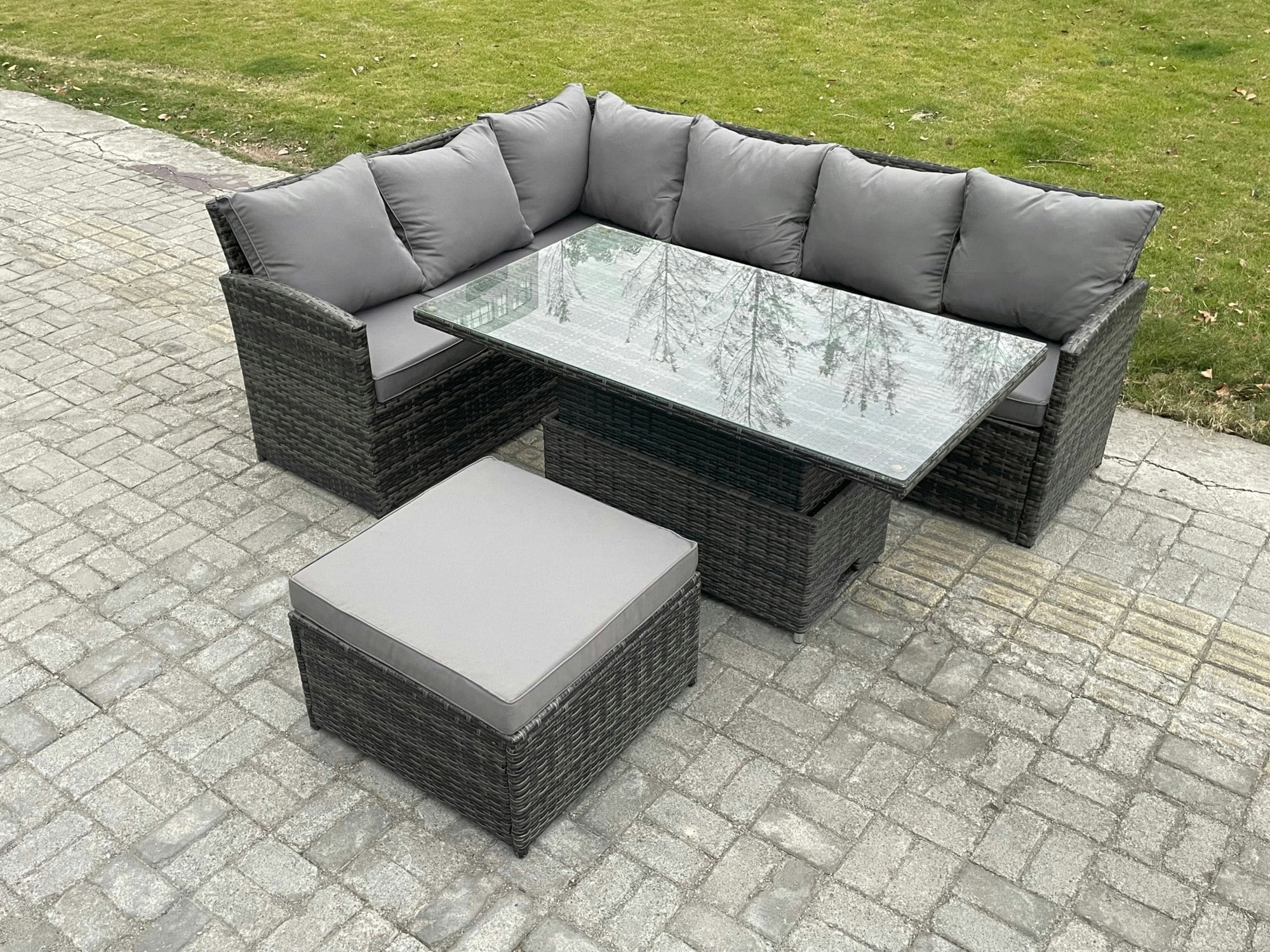 Rackhams Dark/Grey 7 Seater Rattan Garden Furniture Sets High Back Corner Sofa Height Adjustable Rising Lifting Table Set With Big Footstool Mixed