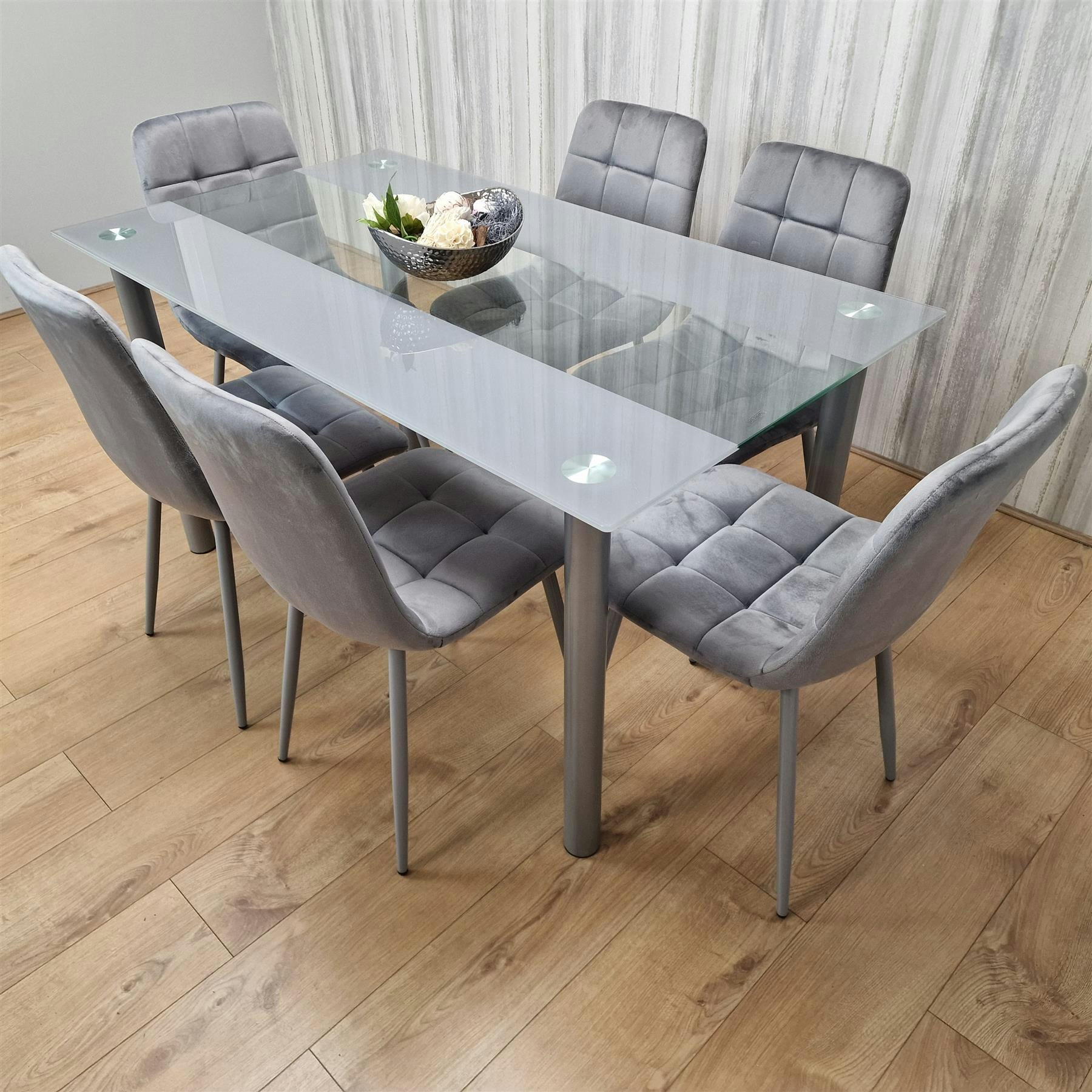Portland 6 Seater Square Dining Table Set Grey - Velvet Dining Chairs - Glass Tabletop - Image 4