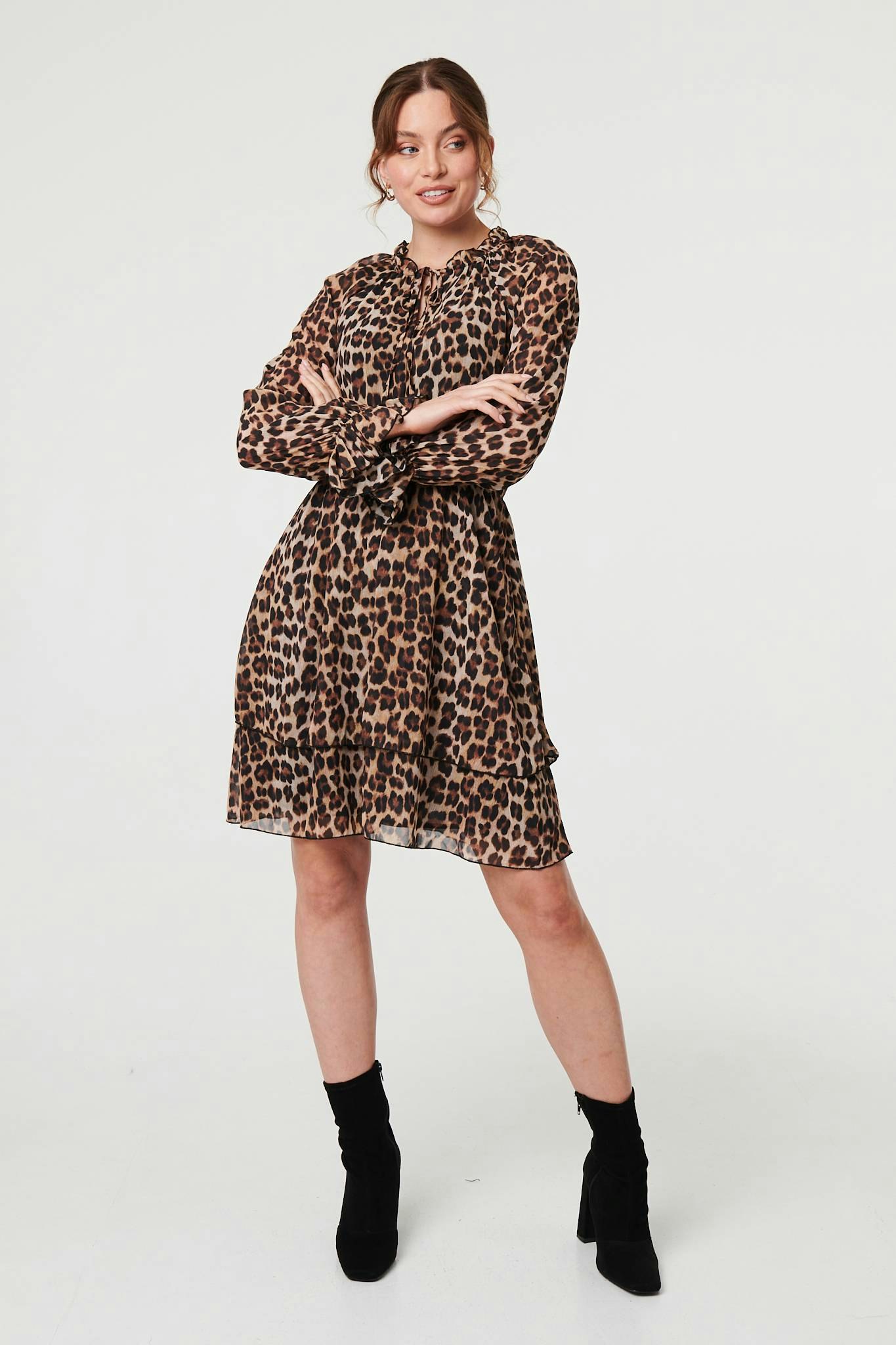 Izabel London Brown Animal Print Ruched Tie Neck Short Dress - 8