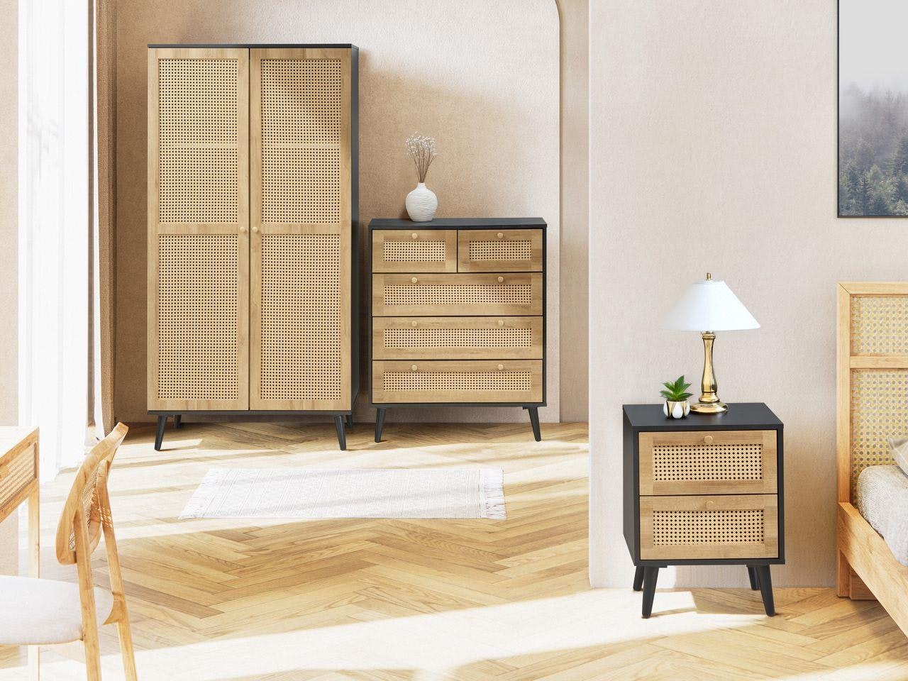 B&Q - Manila Black & Pvc Rattan 3 Piece Bedroom Set With 2 Door Double Wardrobe2 Drawer Bedside And 3+2 Drawer Chest - Image 2